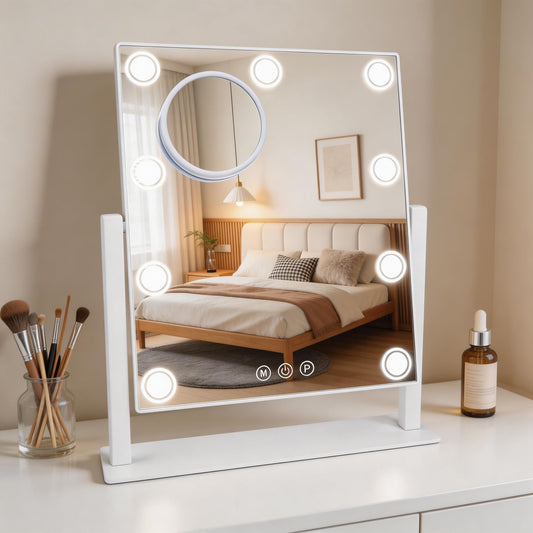 SLIMOON Lighted Makeup Mirror, Hollywood Vanity Mirror with 9 LED Bulbs, 3 Color Lights, and Detachable 10X Magnification Mirror, 1200mAh Rechargeable, Touch Control, 360°Rotation, White 14.05" * 12"