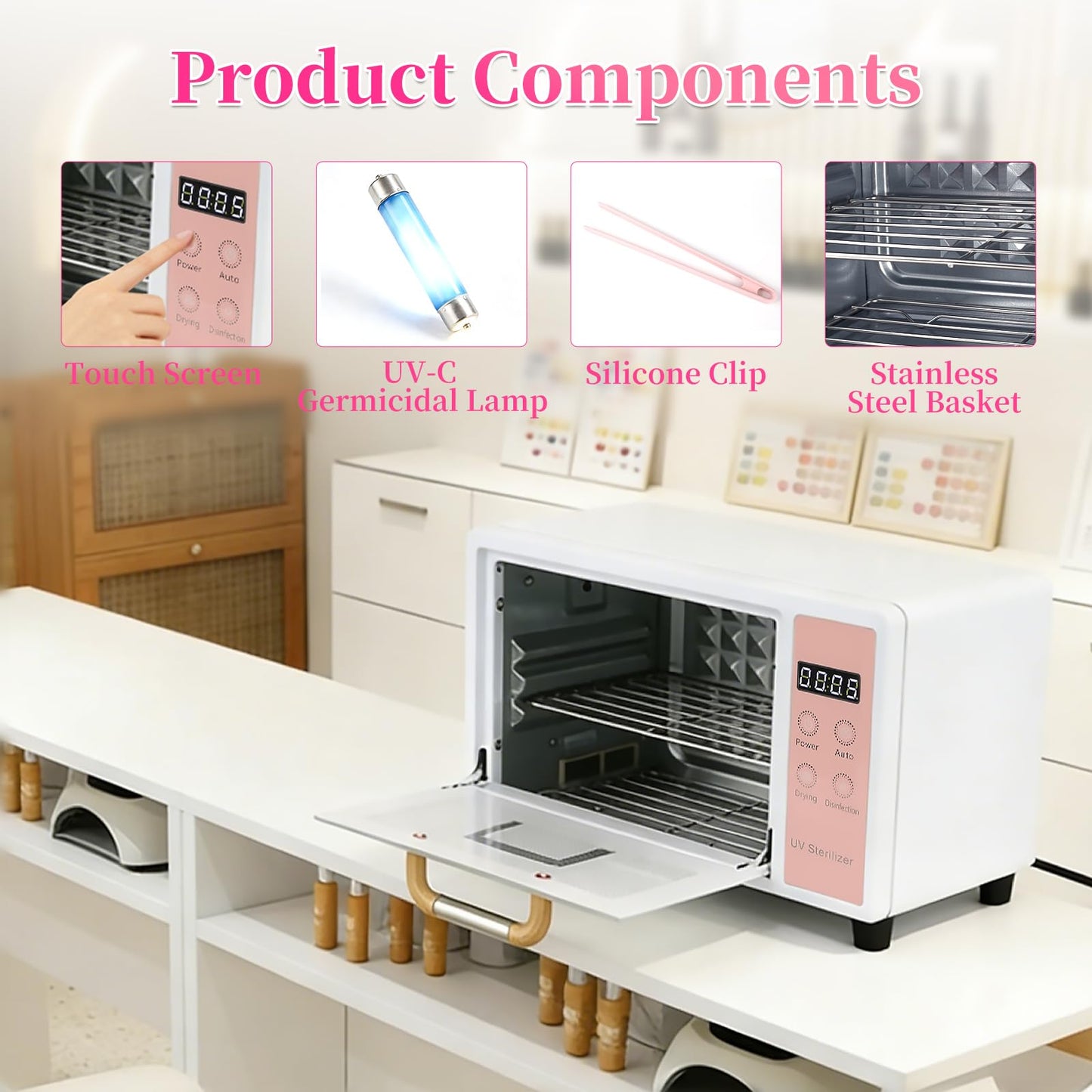 heemeei Nail Tool Sterilizer, 10L Double-layer Large Sterilizer for Nail Tools, Multi-Functional Manicure Tool Cleaner Cabinet with Timer Setting for Home Use, Barbers, Beauty Salons, and Spas(Pink)