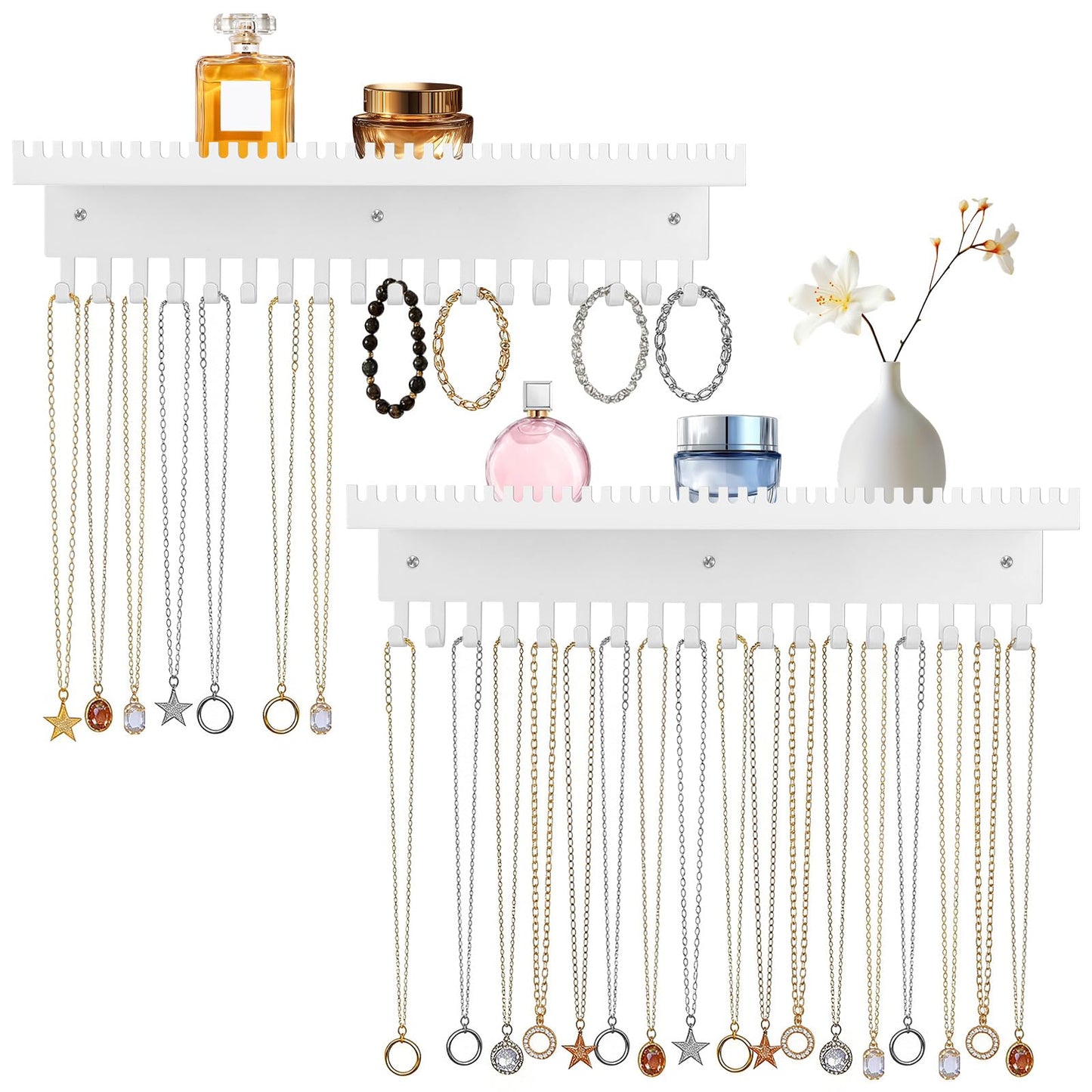 2 Pcs White Alloy Necklace Holder Wall Mount, Heavy-Duty Wall Jewelry Organizer with 18 Hooks & Cosmetics Storage Tray, Space-Saving Hanging Jewelry Organizer for Necklaces Bracelets Rings Perfume