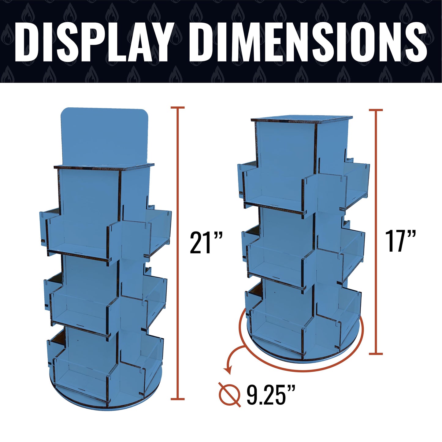 Rotating Display Stand, 3 Tier Wooden Organizer, 4-Sided Display Rack, 360 degree Spinning Multi-Pocket Tabletop Display Stand for Coasters, Stickers, Retail, Showcase, Tradeshow, 17”H, Blue