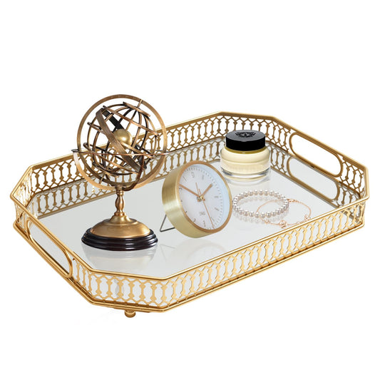 Vintage Gold Mirrored Vanity Mirror Tray Decorative Perfume and Makeup Organizer with Handles for Dresser,Bathroom or Jewelry Display, Decor Home Large Size (Large)