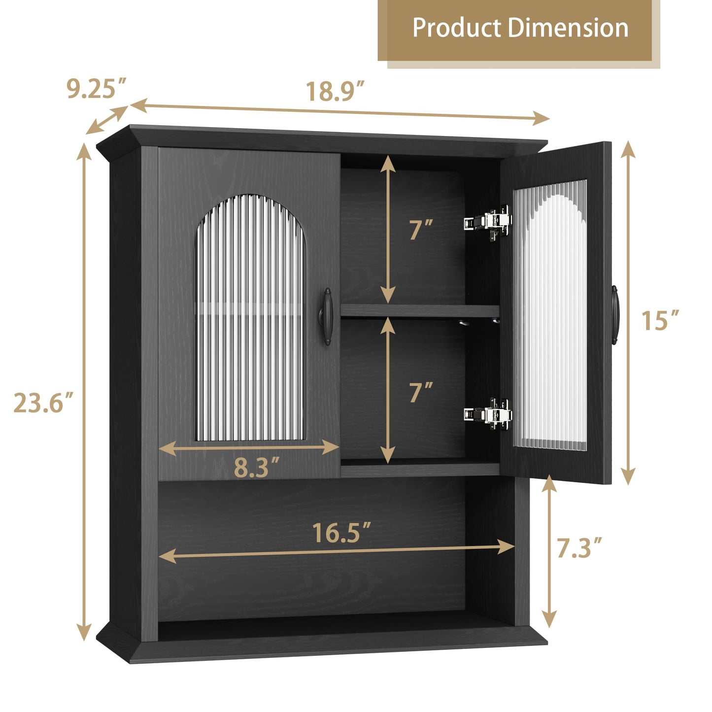 CJL Bathroom Wall Cabinet with Fluted Door, 18.9'' x 23.6'' Medicine Cabinet, Over The Toilet Storage Cabinet, Black