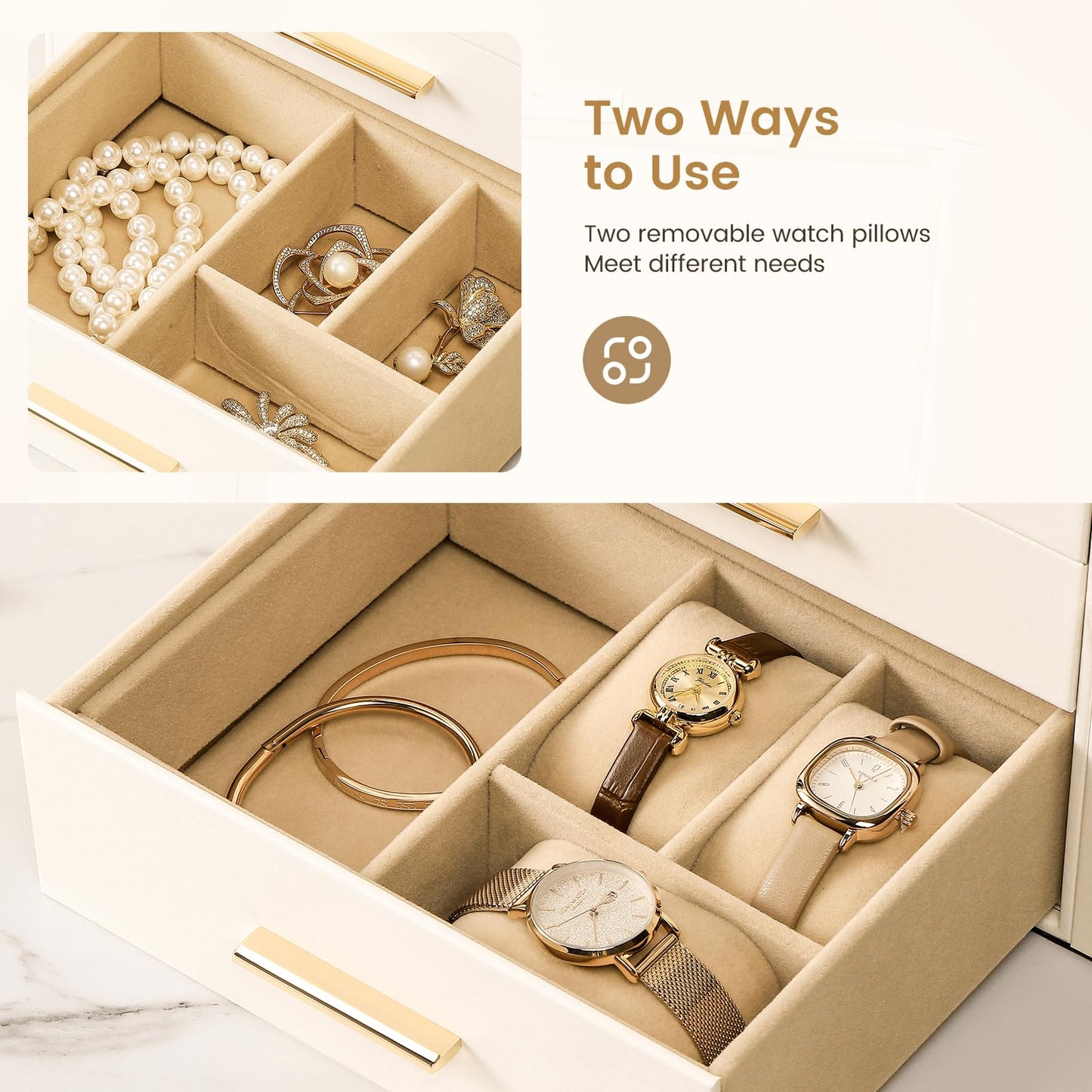 RoseGem Synthetic Leather Huge Jewelry Box Mirrored Watch Organizer Necklace Ring Earring Storage Lockable Gift Case (White)