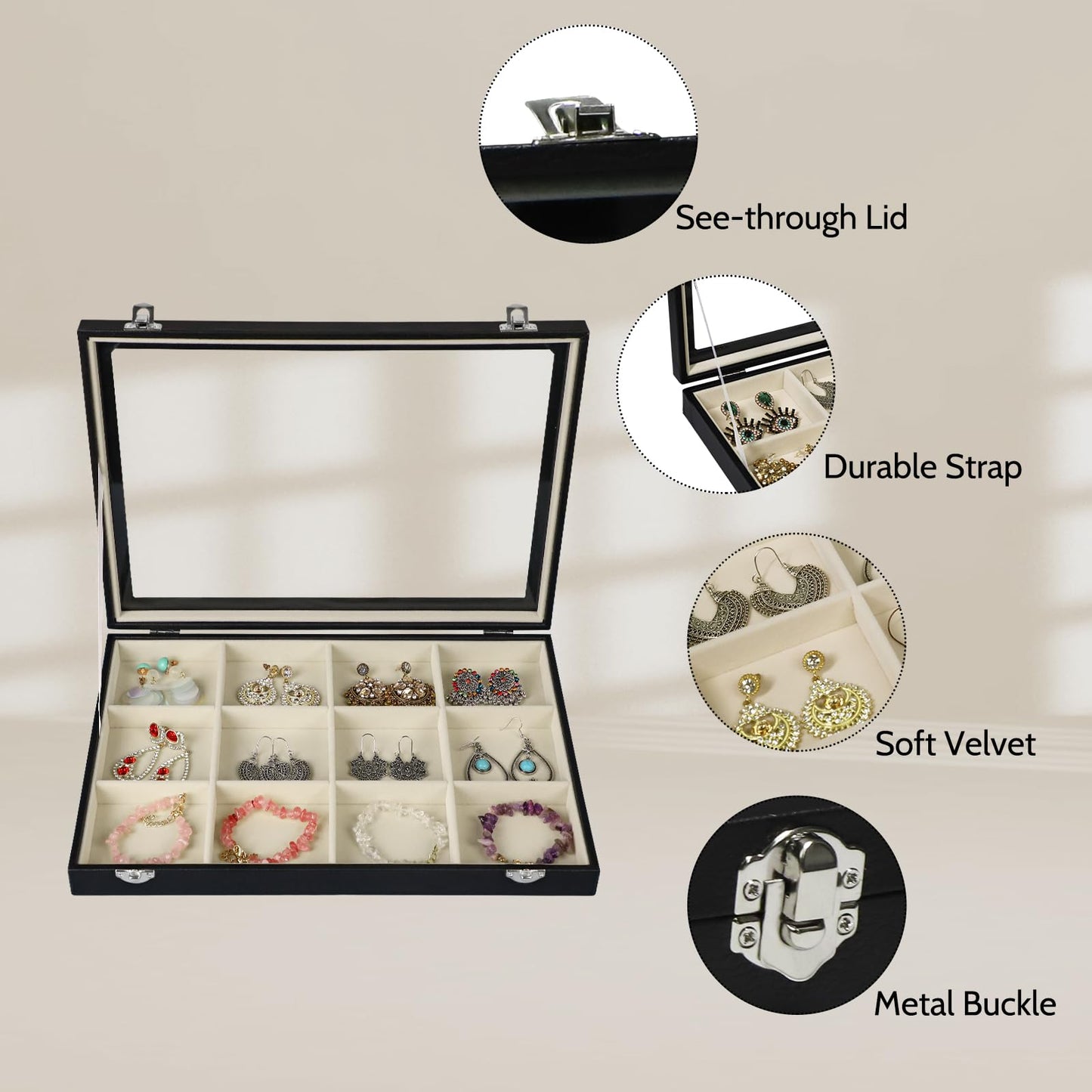 Stratalife Jewelry Organizer Bracelet Holder Organizer Box Earring Storage Drawer Jewelry Display Anti Tarnish Ring Holder For Women Girls 12 Grid (Beige Black)