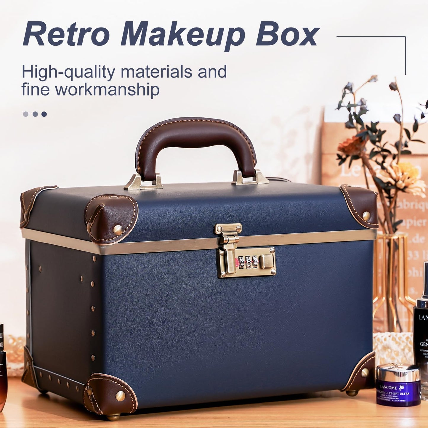 urecity Vintage Makeup Train Case, Navy Blue Artificial Leather, Professional Cosmetic Organizer with Metal Combination Lock, Retro Style Storage Box