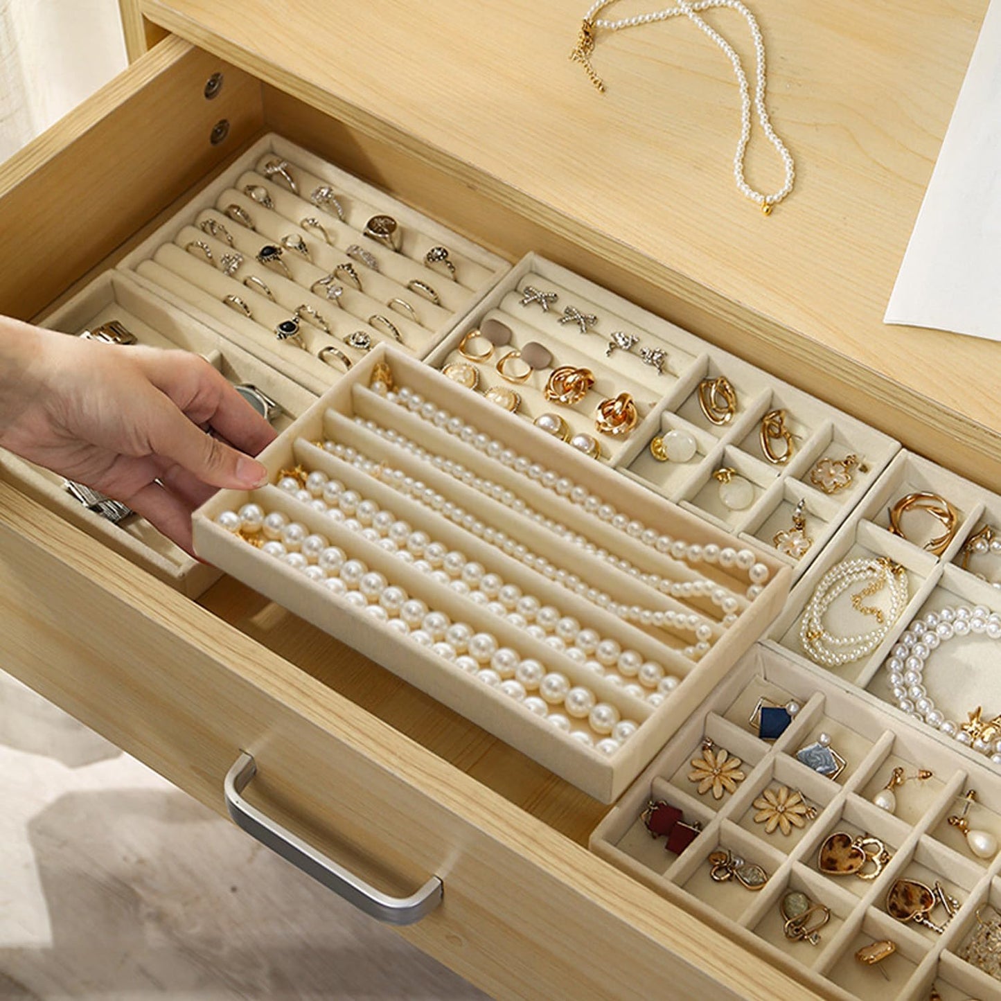 SPAKOWN Jewelry Organizer for Drawer, Adjustable Velvet Jewelry Tray, Stackable Necklace Organizer Earring Holder Organizer Ring Tray Jewelry Storage Display Drawer Inserts Set of 9 (Beige)