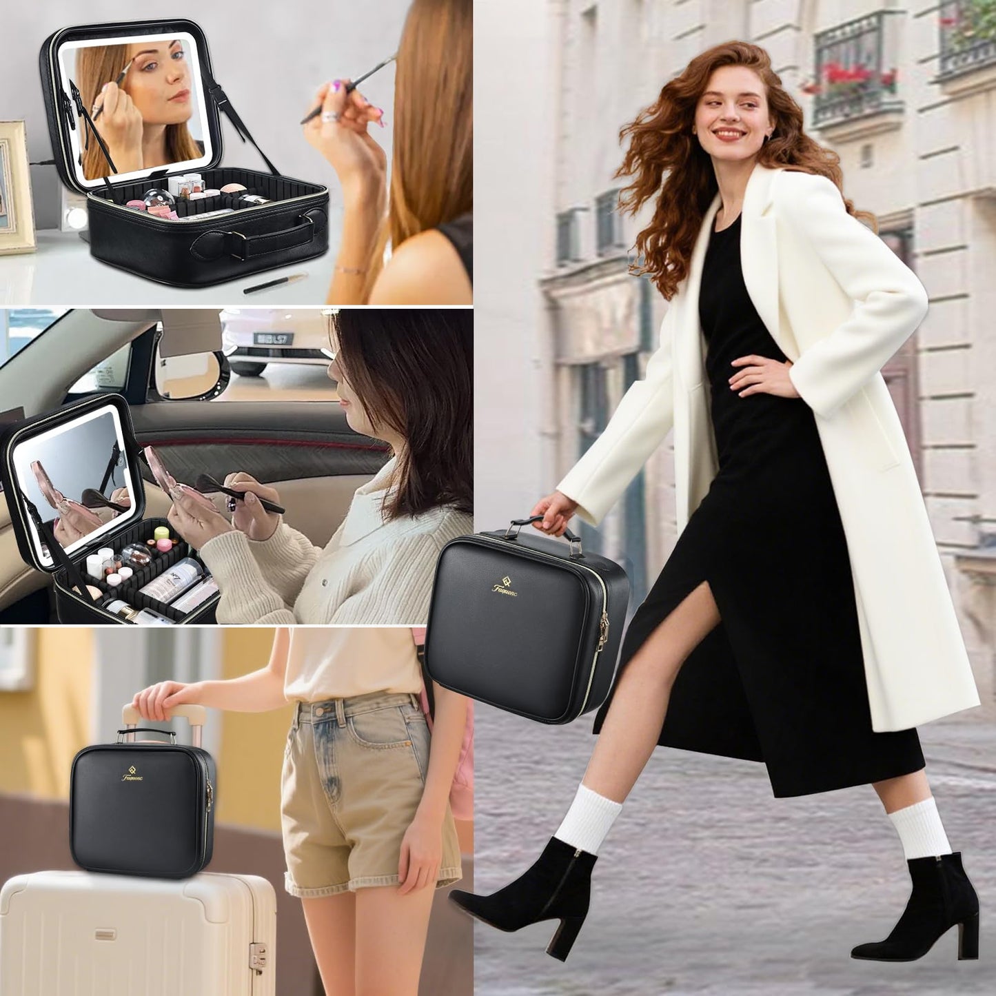 Faquenc Makeup Bag with LED Lighted Mirror 10.2-in Travel Makeup Bag Train Case Adjustable Brightness in 3 Colors Cosmetic Organizer Case Artist Storage Bag with Dividers Brush Holder Bag Vanity Black
