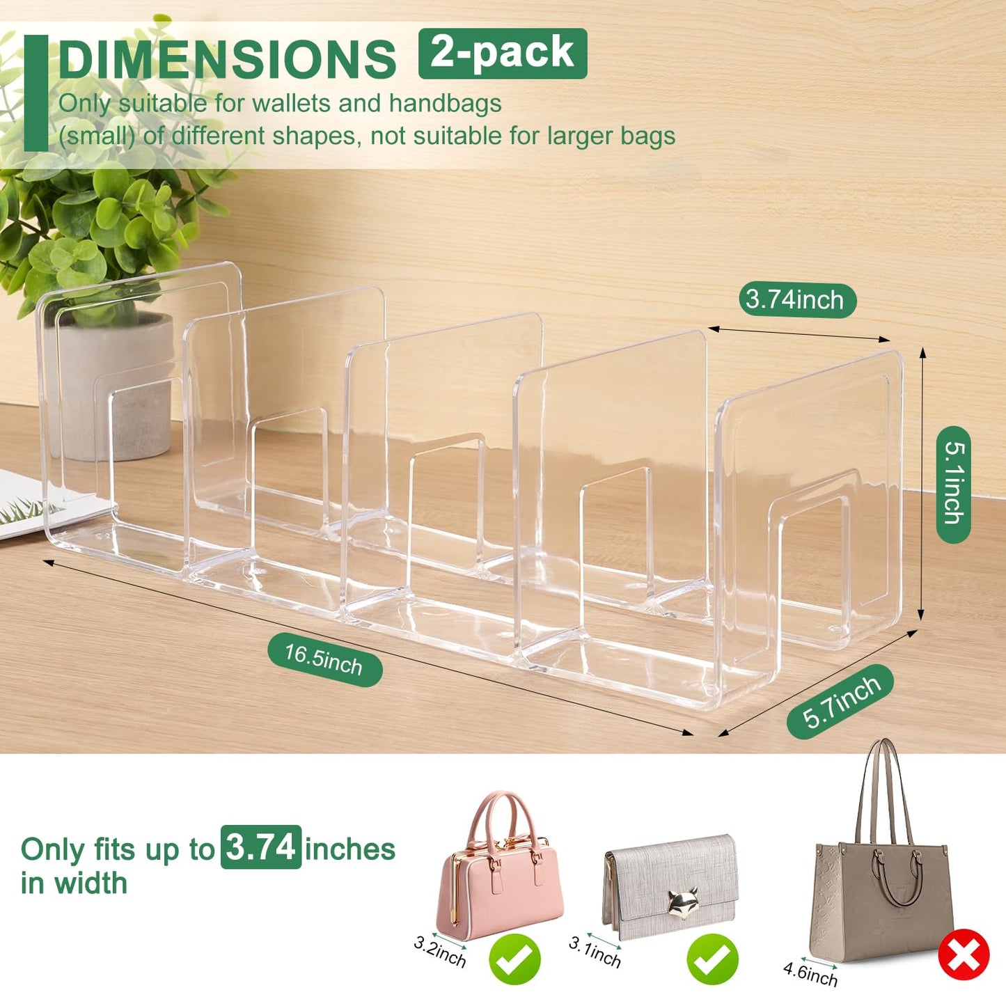 AMZABBY 2 Pack Acrylic Purse Organizer for Closet, 8-Slot Bag & Purse Organizer, No Assembly, Clear Handbag Storage Shelf .for Shelf Divider Handbags, Clothes, Sweater