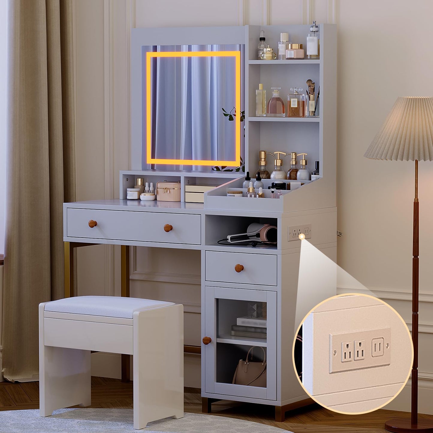 Garvee Vanity Desk with Lighted Mirror Adjustable Brightness & Power Outlet, Makeup Vanity Table with 2 Drawers and Shelves, White and Gold Vanity, Dressing Table for Women & Girls