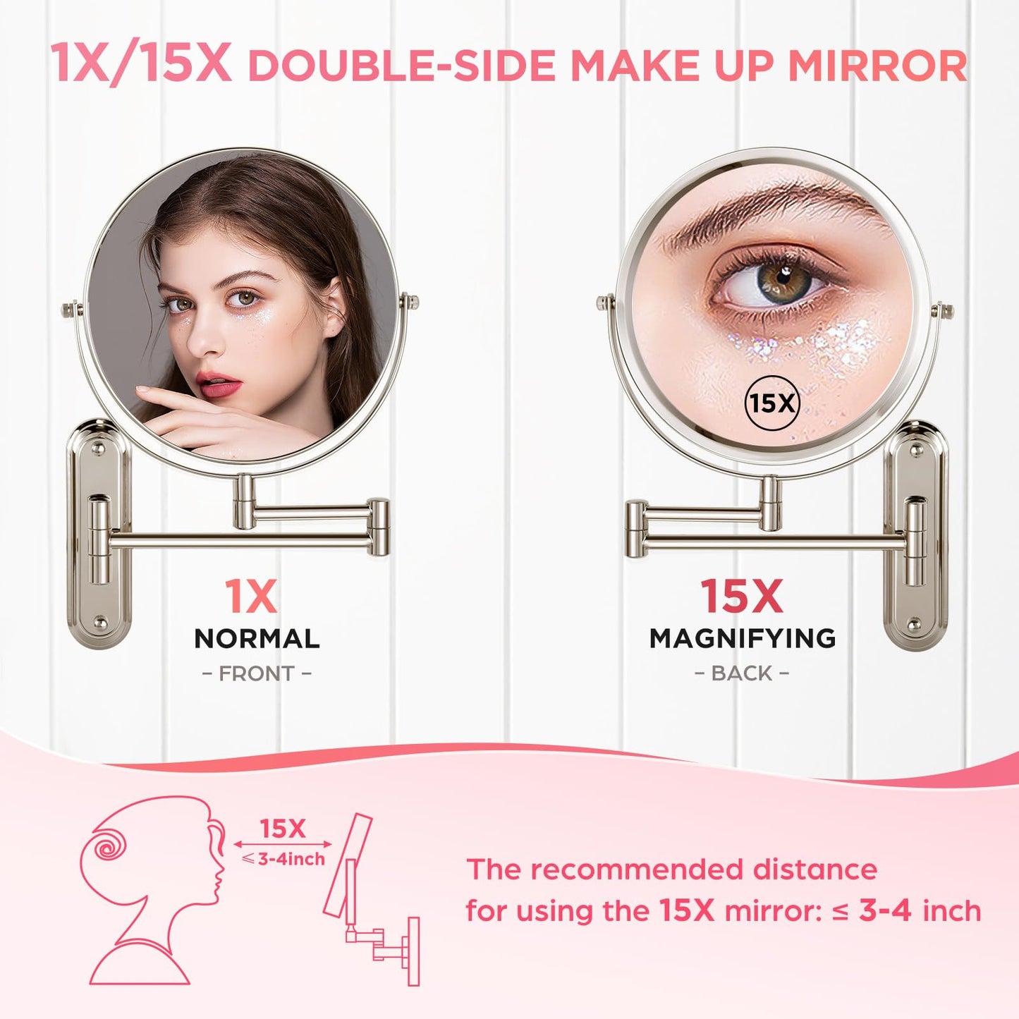 VORREMIRR Wall Mounted Makeup Mirror, 15X/1X Double Sided Magnifying Mirror, 8.5 Inch Round, Brushed Nickel, Modern Style, Space Theme, 13" L x 11" W