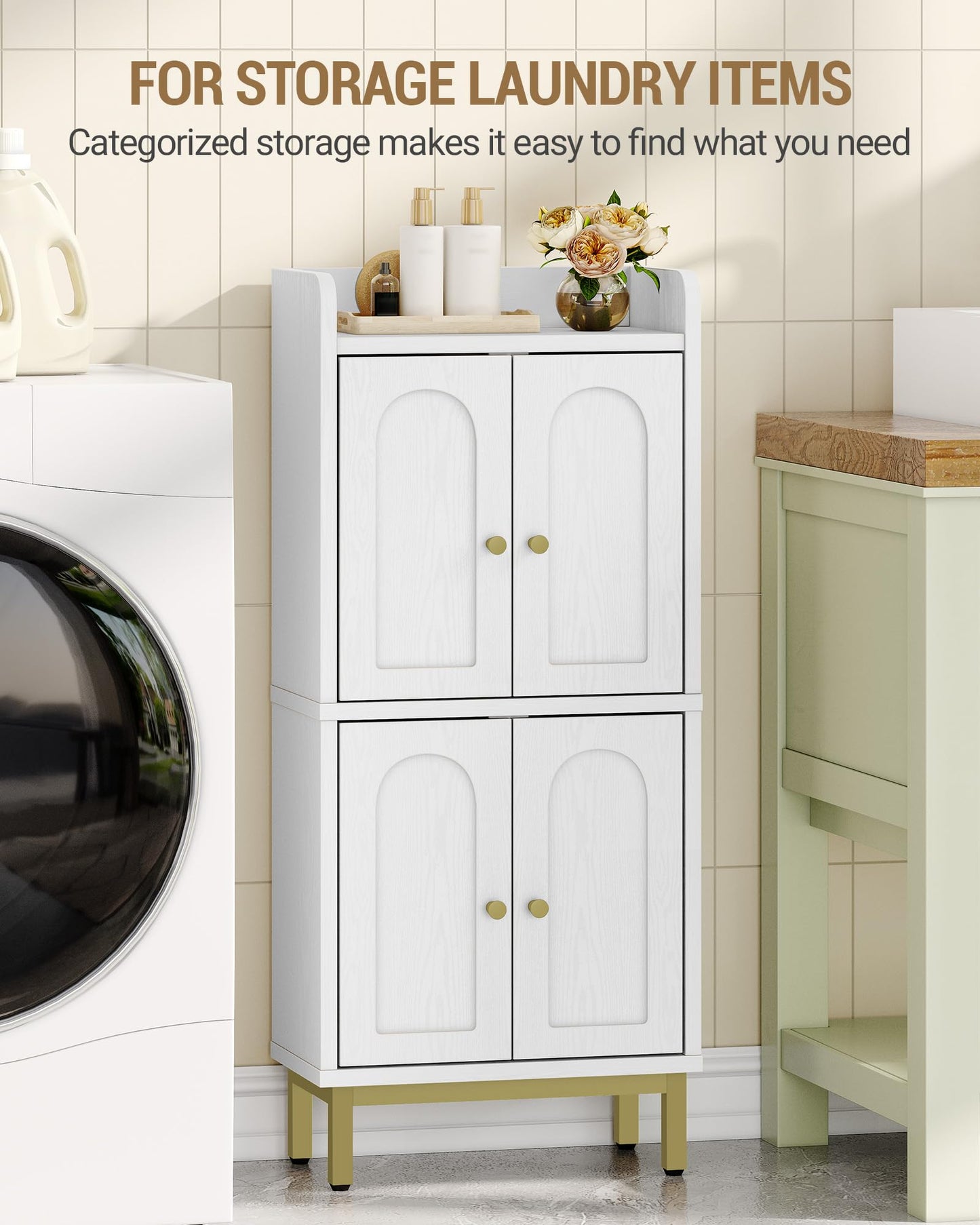 Hzuaneri Bathroom Cabinet, Small Storage Cabinet with 4 Doors, Bathroom Organizers and Storage Cabinets with Adjustable Feet. Cabinets Freestanding for Living Room, Kitchen, 7.1"D x 14.6"W x 32.7"H