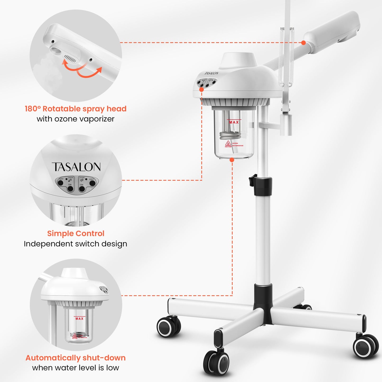 TASALON 2-in-1 Professional Facial Steamer with 5X Magnifying Lamp, Esthetician Steamer on Wheels with Ozone and Hot Mist, Standing Face Steam for Facial Deep Cleaning and Moisturize, SPA & Beauty