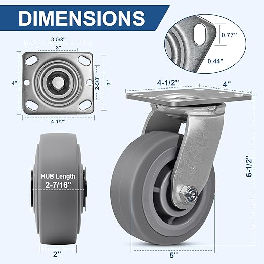 5"x2" Rubber Wheels (Flat Tread)- Heavy Duty Casters, Industrial Caster Wheels- Set of 4 with up to 3200 LB Capacity- Use for Dollies, Workbench(2 Swivel &2 Rigid)
