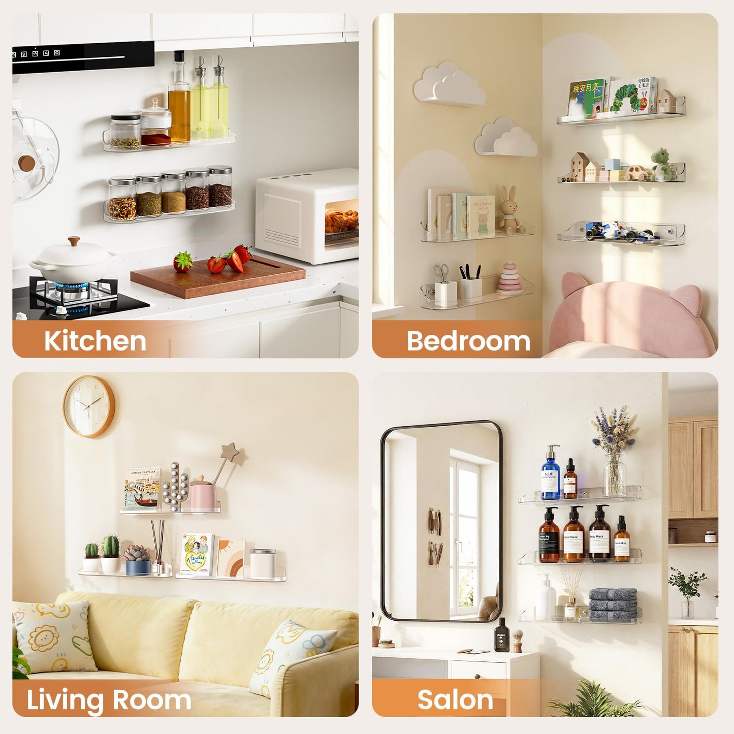 SpaceWhisper Floating Shelves for Wall, 10-Pack 15" Wall Shelves for Bathroom, Bedroom, Living Room, Display Hanging Shelf Organizer for Book, Picture Ledge, Figure Storage, Room Decor (Clear)
