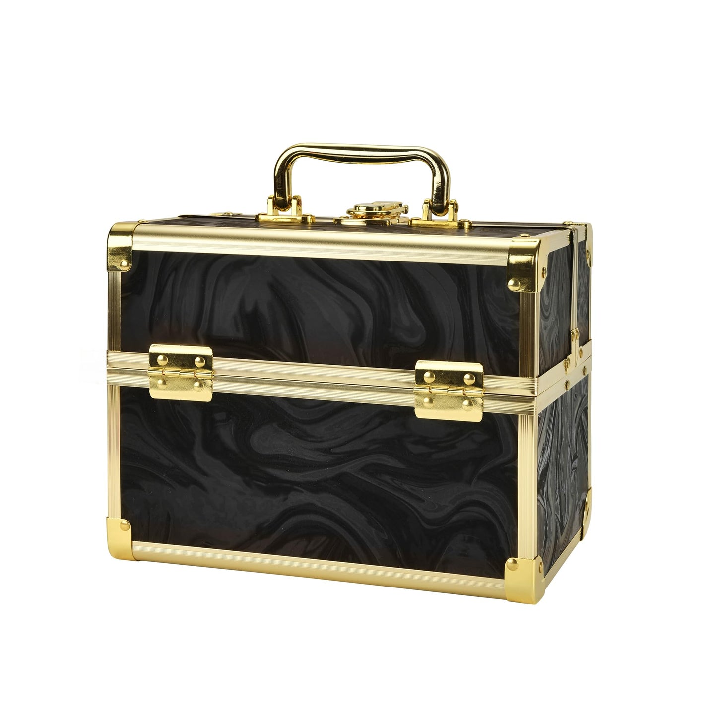 GALHUBIS Makeup Train Case, Portable Makeup Case with Mirror, 2-Trays Cosmetic Organizer Case,Nail Polish Organizer, Travel Makeup Box, Profesional for Salon Barber, Black Gold