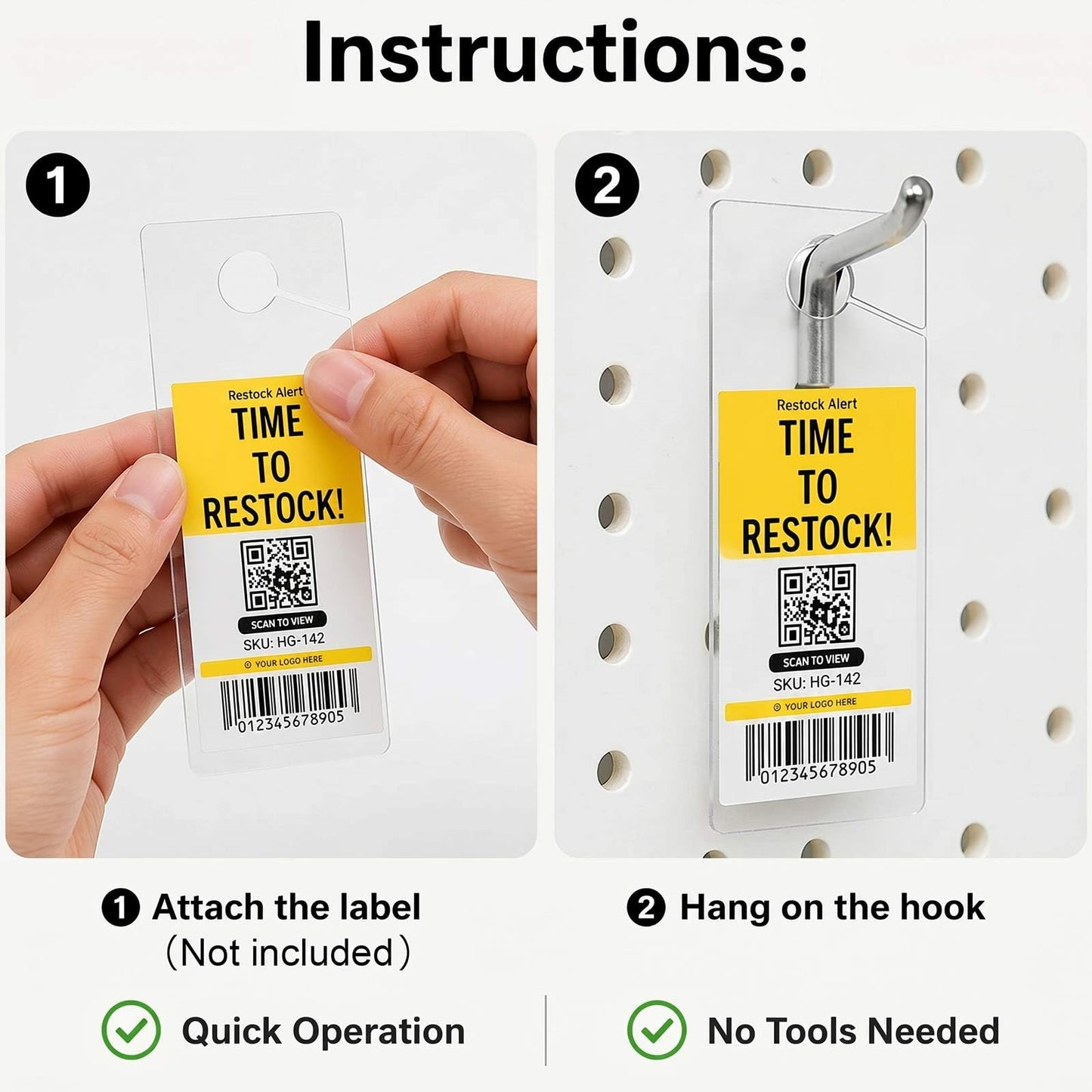 Bucherry 500 Pcs Clear Plastic Peg Hook Label Holders 3.25" X1.25" Clear UPC Tag & Reorder Ticket Tabs for Pegboard, Slatwall & Gridwall Hooks Durable Retail Price Label Display Easy Slide-on Design