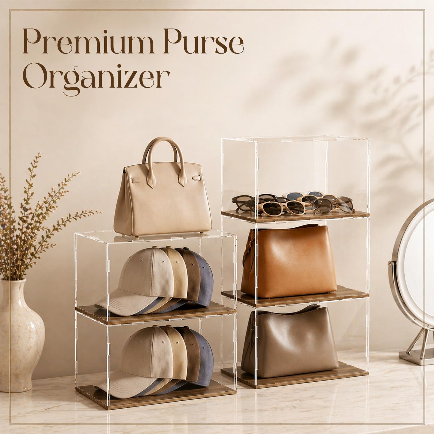 Leinuosen 4 Packs Purse Storage Organizer for Closet Clear Acrylic Handbag Display Case Solid Wood Base Stackable Handbag Storage Box Floor-standing Purse Organizer for Closet Bedroom(Retro Brown)