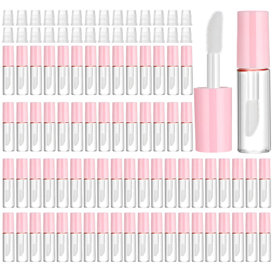 100PCS 1.2ML Clear Mini Lip Gloss Tube Bulk Empty Lipgloss Tubes with Wand and Rubber Insert for Different Samples Travel Split Charging DIY Makeup(Pink)