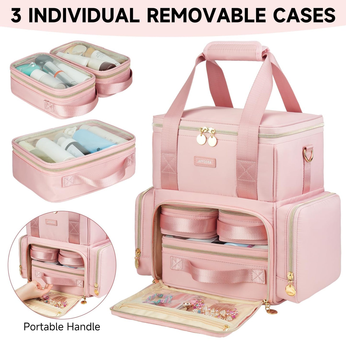 Jaffzora Extra Large Makeup Bag,4 in 1 Cosmetic Storage Organizer Travel Case with 3 Detachable Pouches and Dividers,Pink