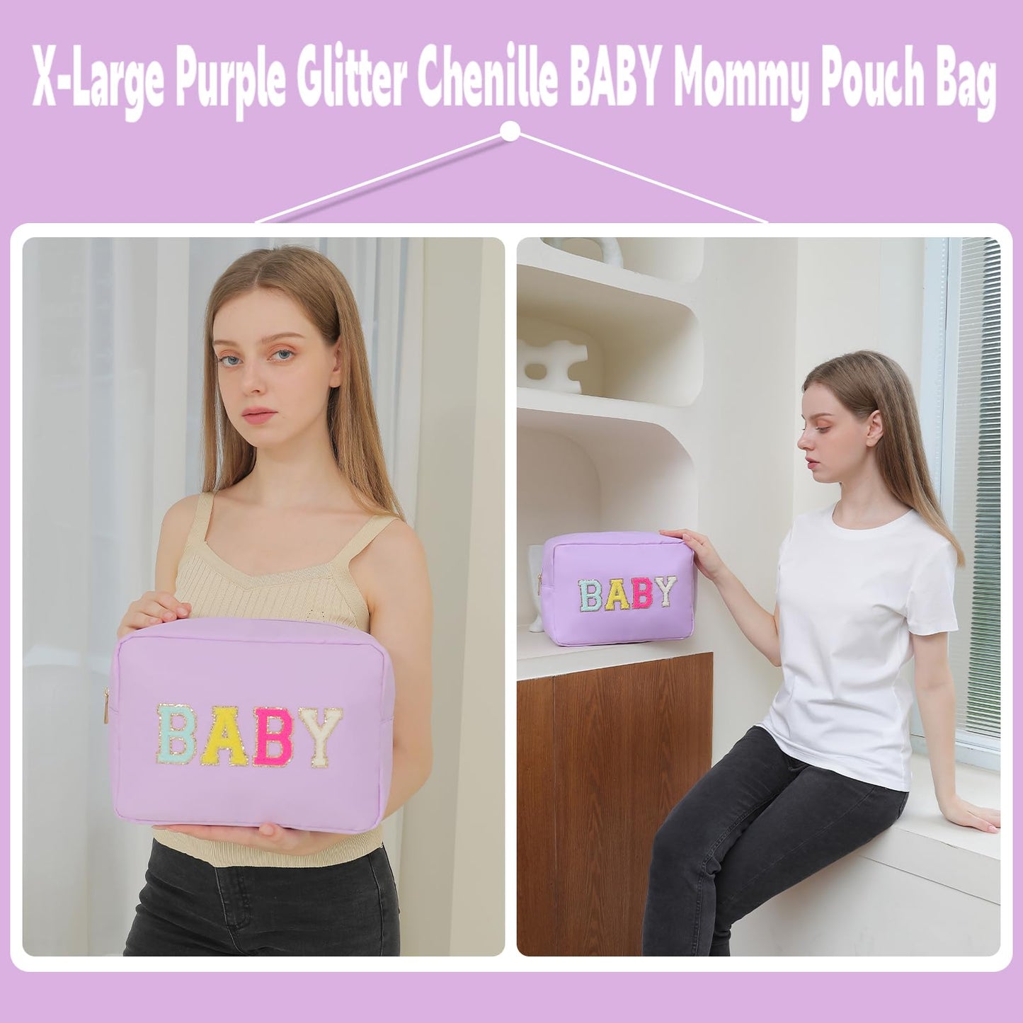 YogoRun Large Toiletry Bag Glitter Chenille Make Up Bag for Traveling Makeup Travel Organizer for Women Nylon Cosmetic Pouch with Zipper Pocket (XL,Purple-Baby)