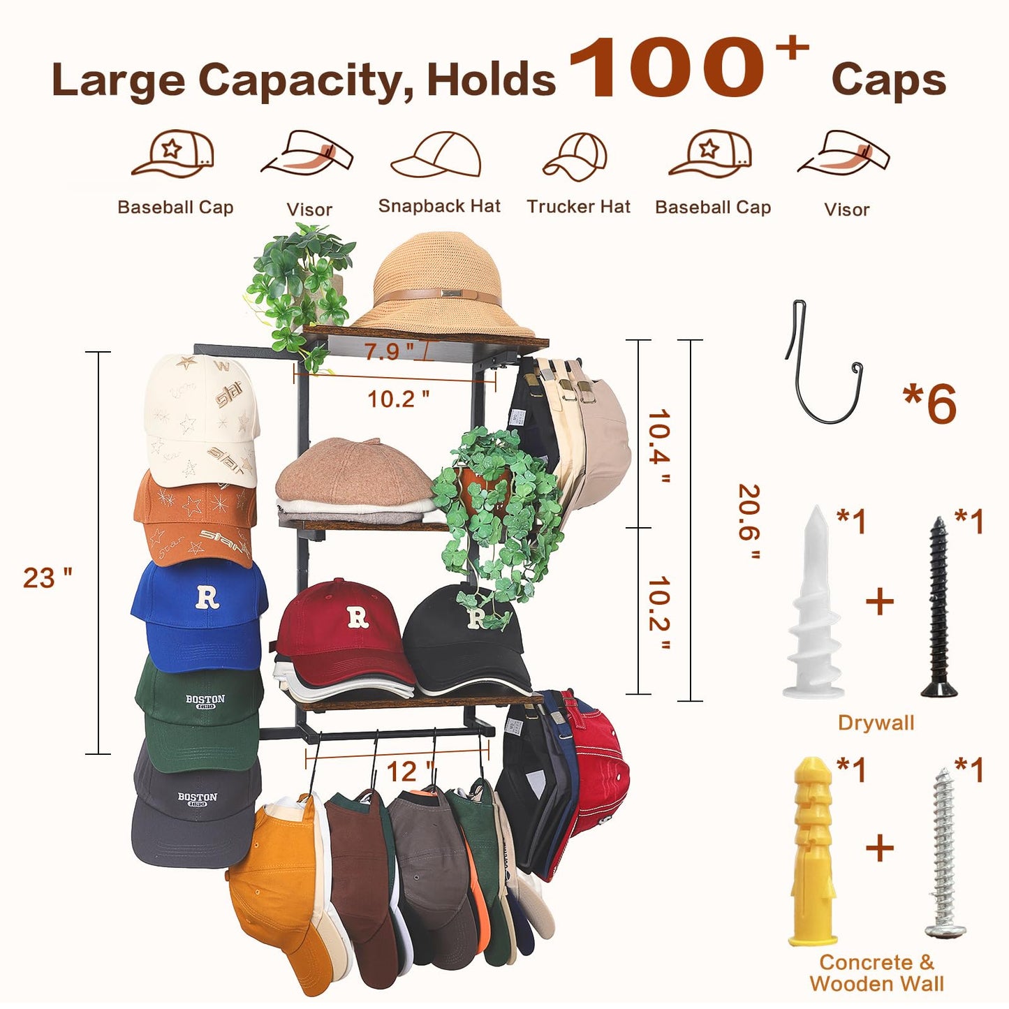 Keebofly Hat Rack for Wall with Shelf for Handbags, Purse,Bennies, Perfumes & Cosmetics Display, Hat Holder Storage for 100+ Caps, Baseball Cap Organizer & Beanie Holder for Closet, Entryway, Bedroom