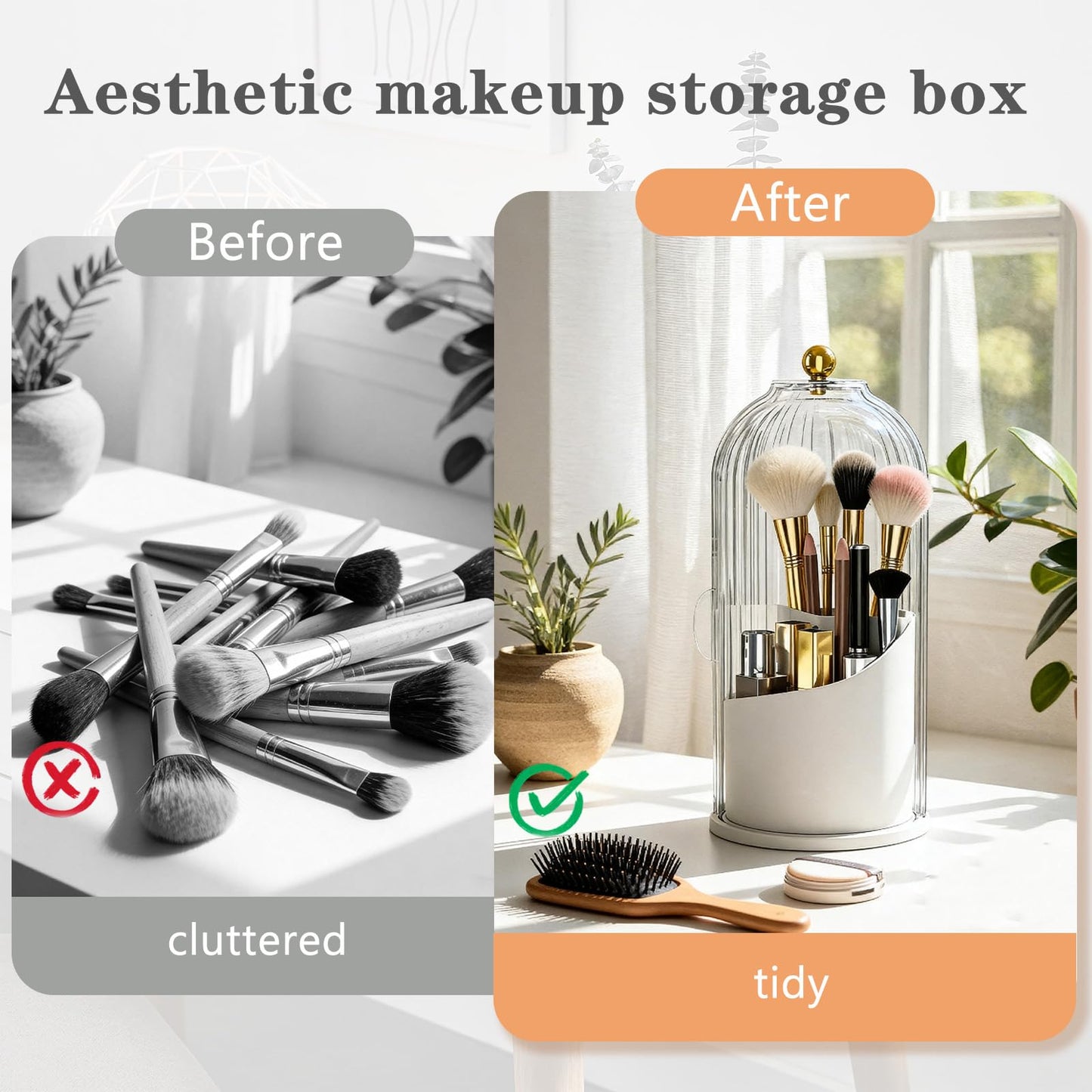 LAKSMI Makeup Brush Holder with Lid, Dustproof 3-Compartment Cosmetic Organizer, Large Capacity Vanity Storage for Brushes, Eyebrow Pencils, Toothbrushes, Dorm & Bathroom Essentials (White)
