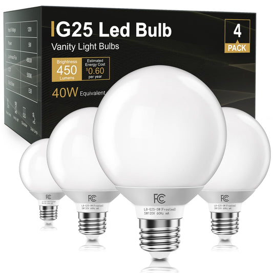 TJOY G25 LED Globe Light Bulbs, Vanity Light Bulb for Bathroom 40W Equivalent, 5000K Daylight White E26 Base, Round Decorative Bulb for Vanity Makeup Mirror, CRI85+, 450LM, Non-Dimmable, UL, 4 Pack