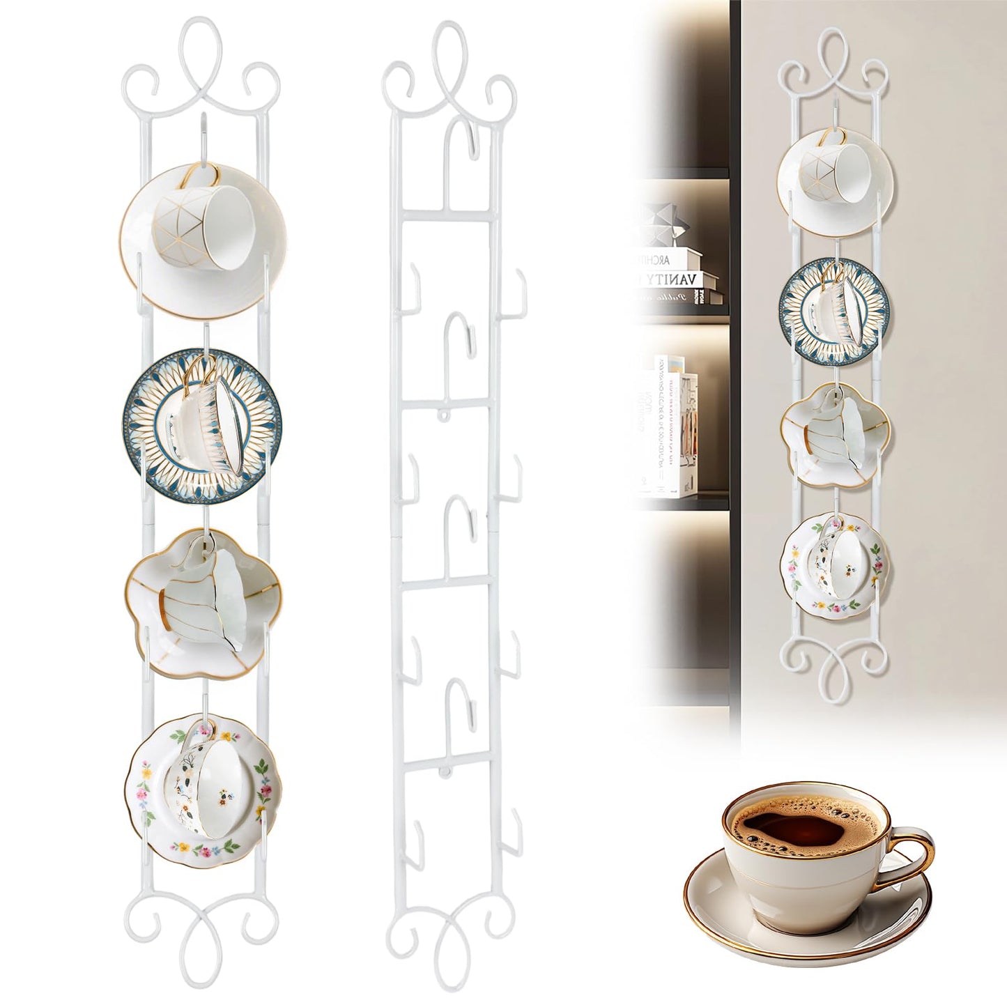 WHXGG 2 Pack Tea Cup Display Rack Vertical Wall Cup Rack Set 4 Tiers Wall Mounted Cups Plate Holder 36 x 5''Tea Cup and Saucer Display Stand for Kitchen Tearoom Restaurant Office Fits 6''Diameter