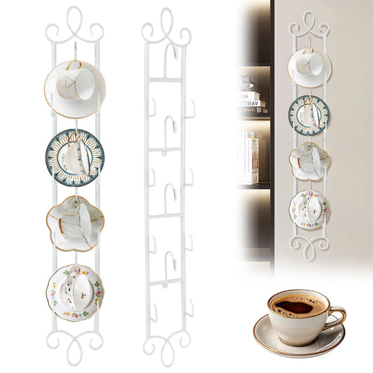 WHXGG 2 Pack Tea Cup Display Rack Vertical Wall Cup Rack Set 4 Tiers Wall Mounted Cups Plate Holder 36 x 5''Tea Cup and Saucer Display Stand for Kitchen Tearoom Restaurant Office Fits 6''Diameter