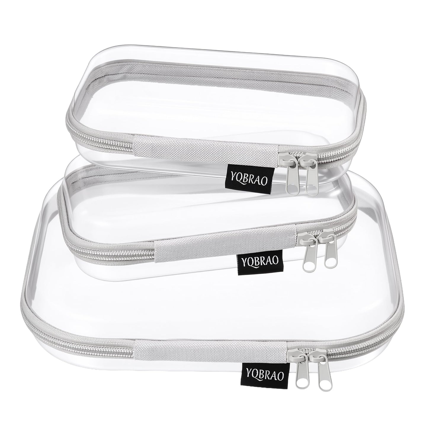 YQBRAO 3-Pack Clear Hard Shell Zipper Case - Grey Edition, 1.2mm Heavy-Duty Crush-Proof Travel Makeup Bag, TSA Approved Clear Zipper Pouches, Rigid Diaper Bag Organizer for Tech & Daily Essentials