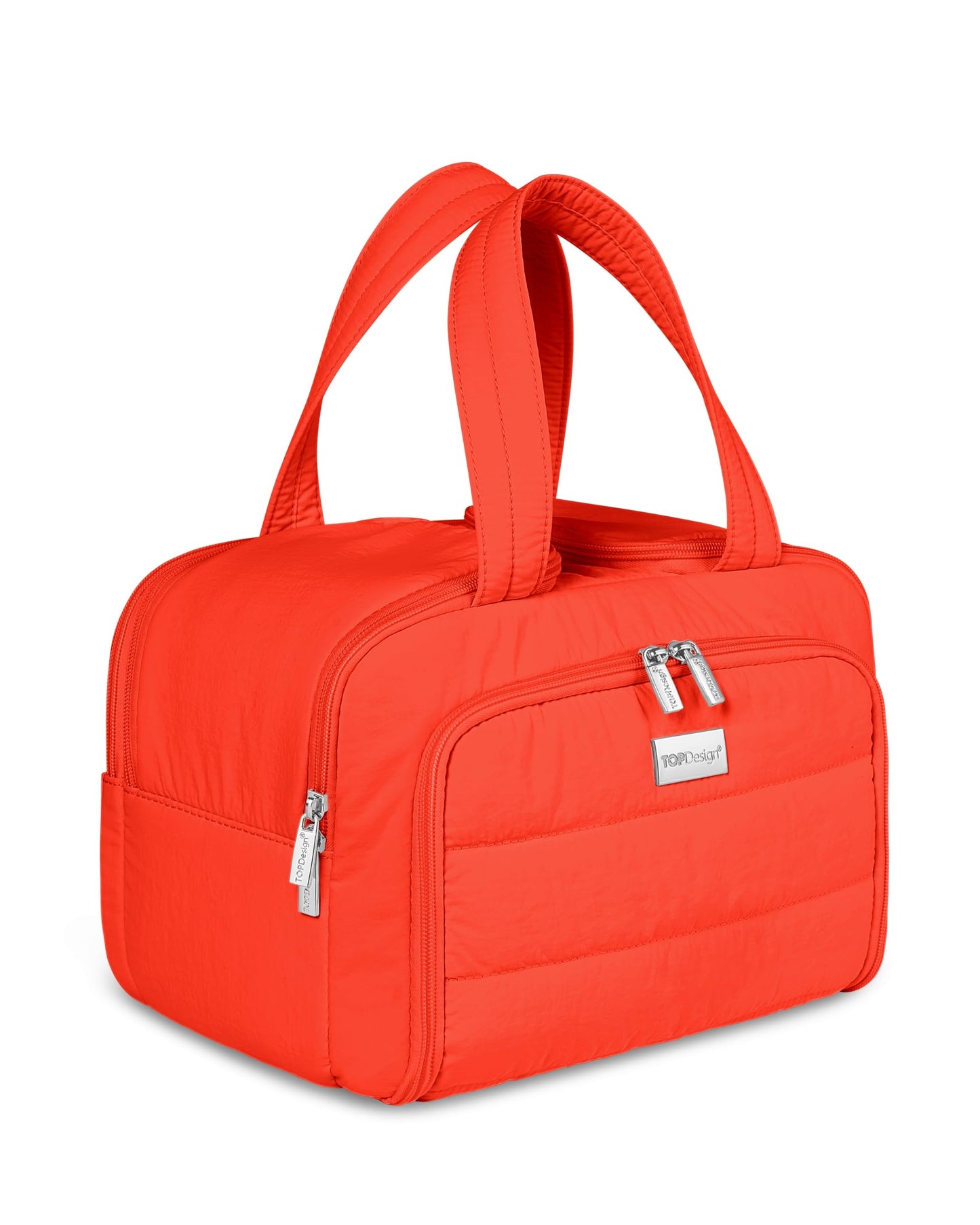 TOPDesign Travel Toiletry Bag for Women, Puffer Large Toiletry Bag, Lightweight Cosmetic Makeup Organizer with Handle for Traveling, Accessories, Essentials, Toiletries (Red Orange)