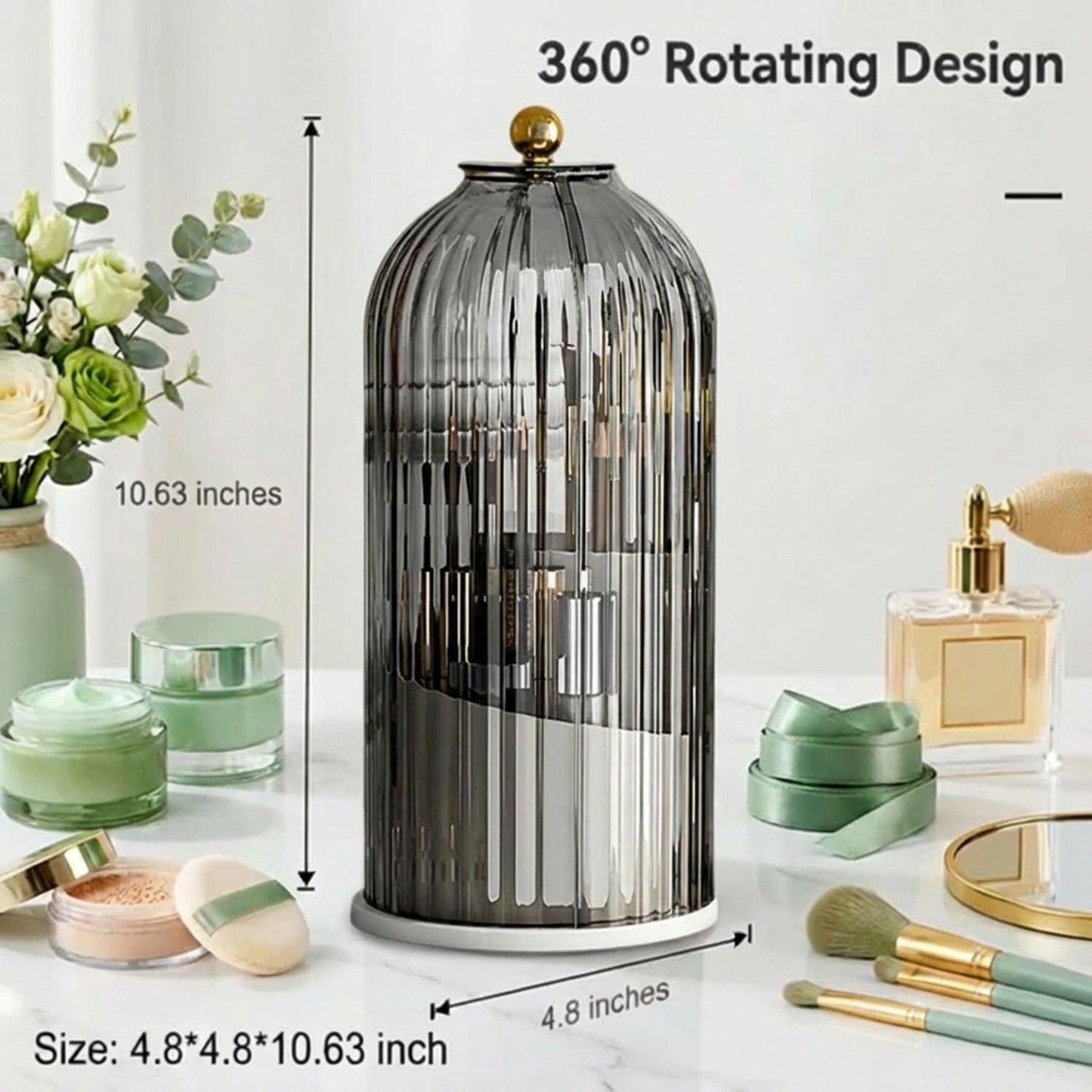 sagact Makeup Brush Holder with Lid 360° Rotating 3-Compartment Makeup Organizers for Vanity, Waterproof & Dustproof Cosmetic Storage Box for Dressing Table (Transparent Black)
