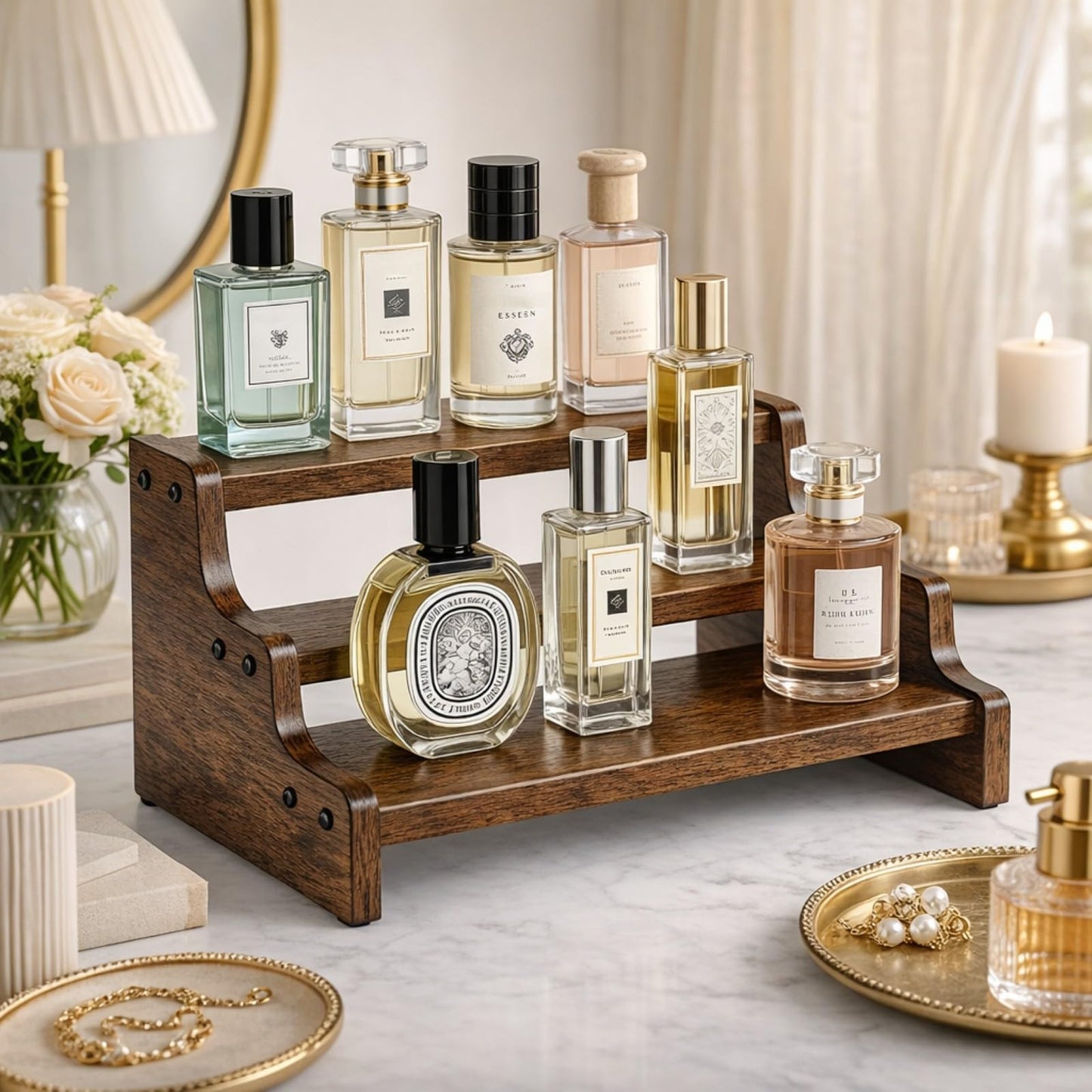Cologne Organizer for Men, 3-Tier Wooden Perfume Organizer, Retro Style Makeup Organizer, Display Stand for Party, Makeup, Figures, Cupcake, Perfume, Dessert, Rounded Corner Anti-Collision, 13.8 in