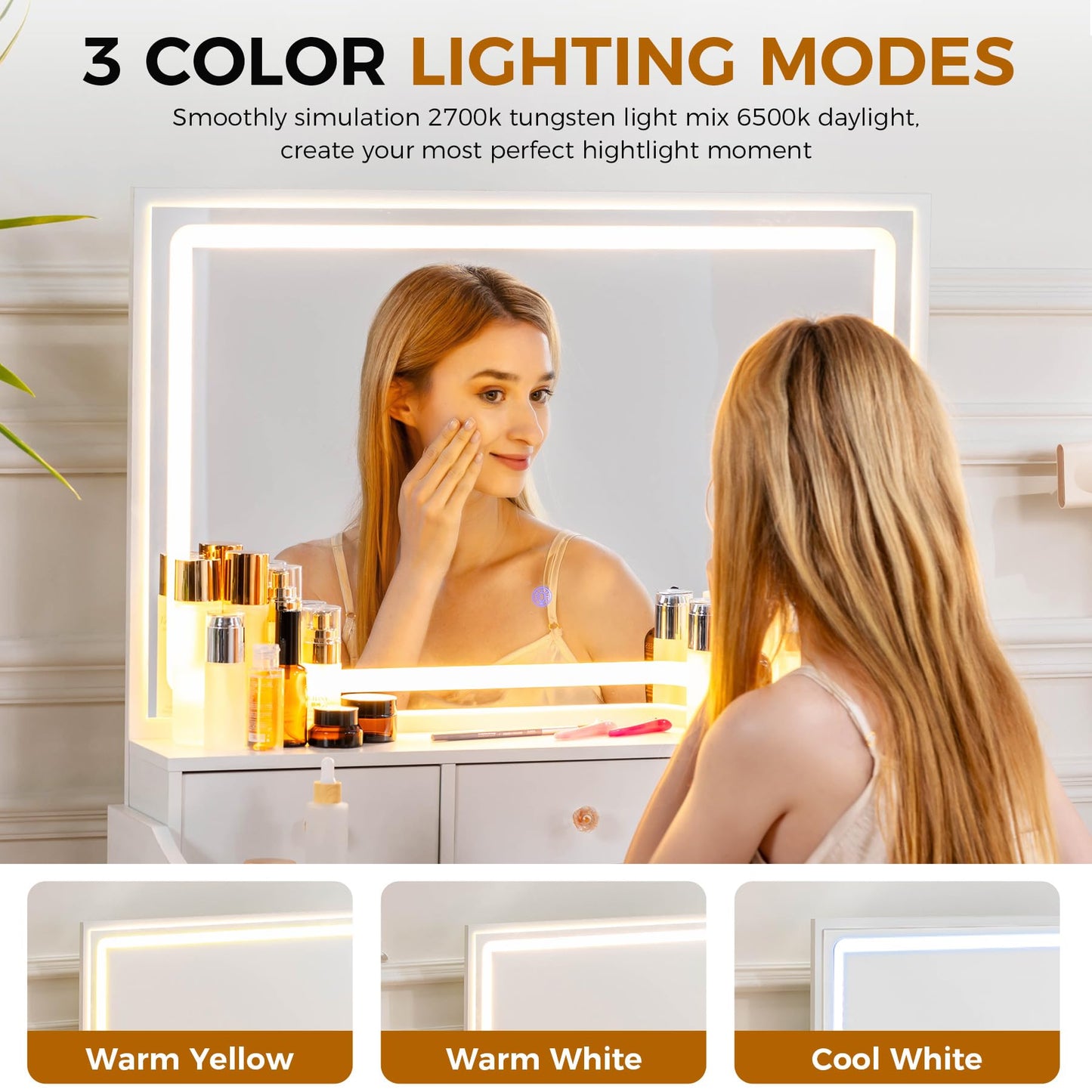 COMHOMA Makeup Vanity Desk with Mirror and Lights, Vanity Table and Chair Set with 5 Drawers & Charging Station, Modern Dressing Table for Girls, Stepless Dimmable & 3 Color Adjustable, Pearl White
