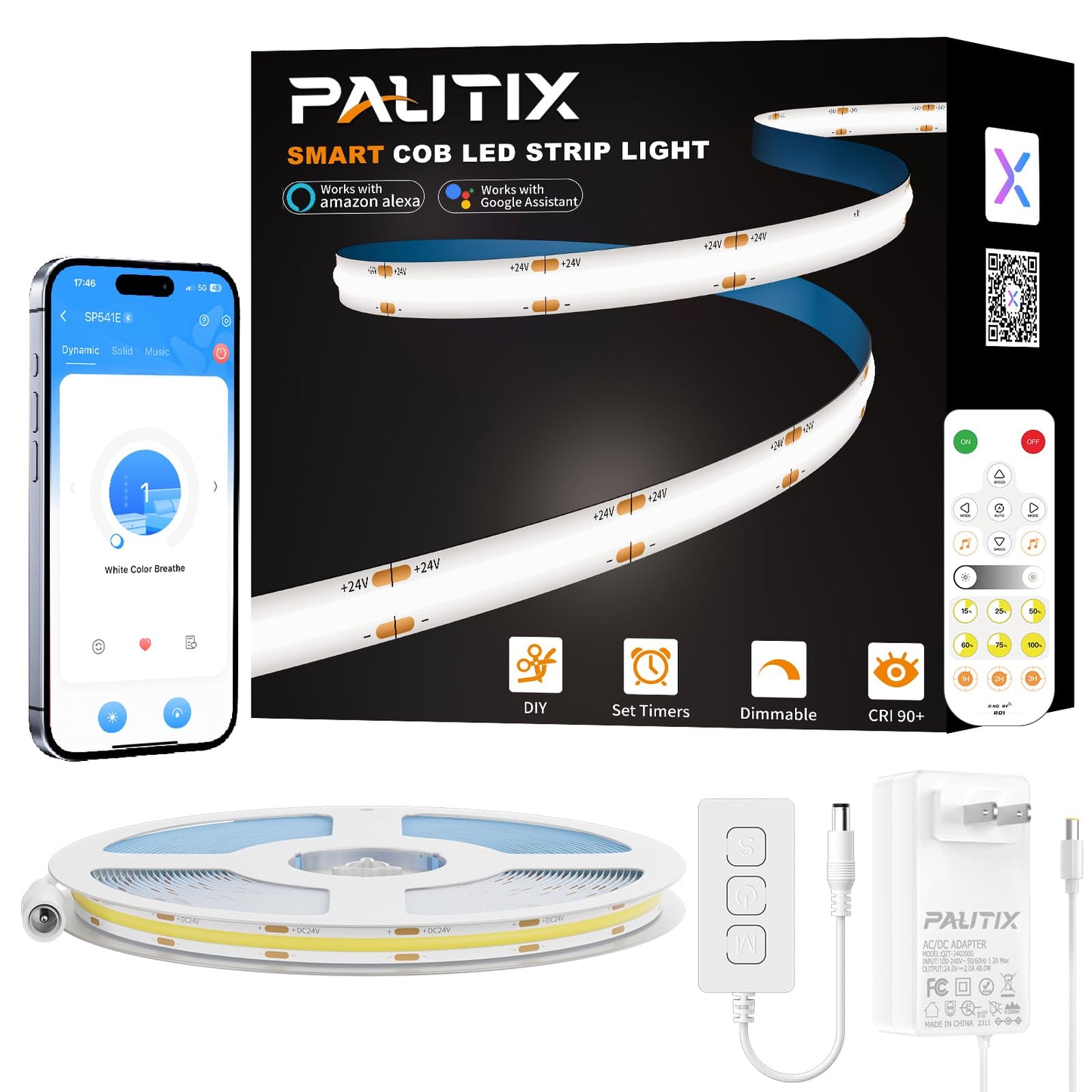 PAUTIX COB LED Strip,Dimmable Vanity Lights,Daylight White 6000K Super Brighten LED Tape Lights,CRI93+ High Lumen,Compatible with Alexa/Google Assistant,for Home, Kitchen,Under Cabinet