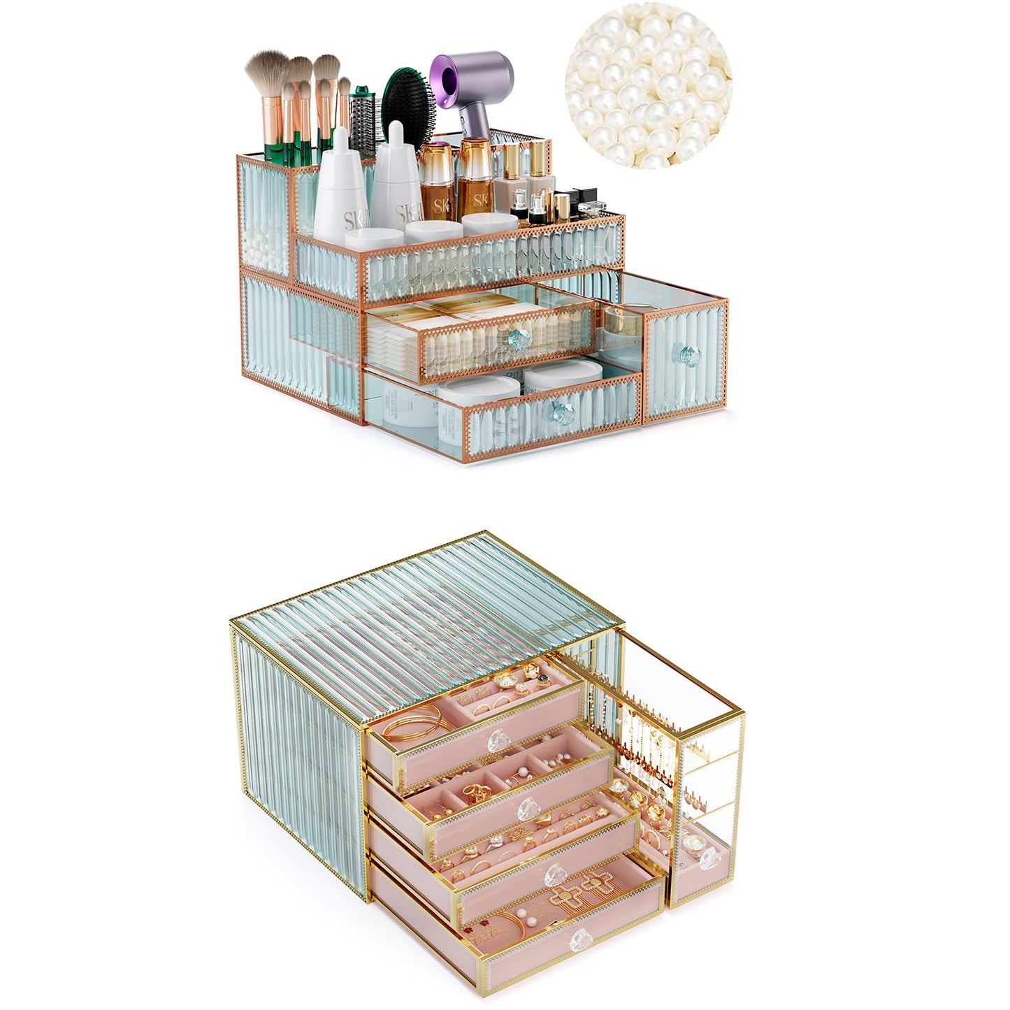 Youdepot 2-Piece Hair Tool and Jewelry Organizer Set – Tempered Glass Makeup, Jewelry, and Hair Styling Tool Storage for Vanity and Countertop – Elegant, Multipurpose Organizer for Home and Gift Use