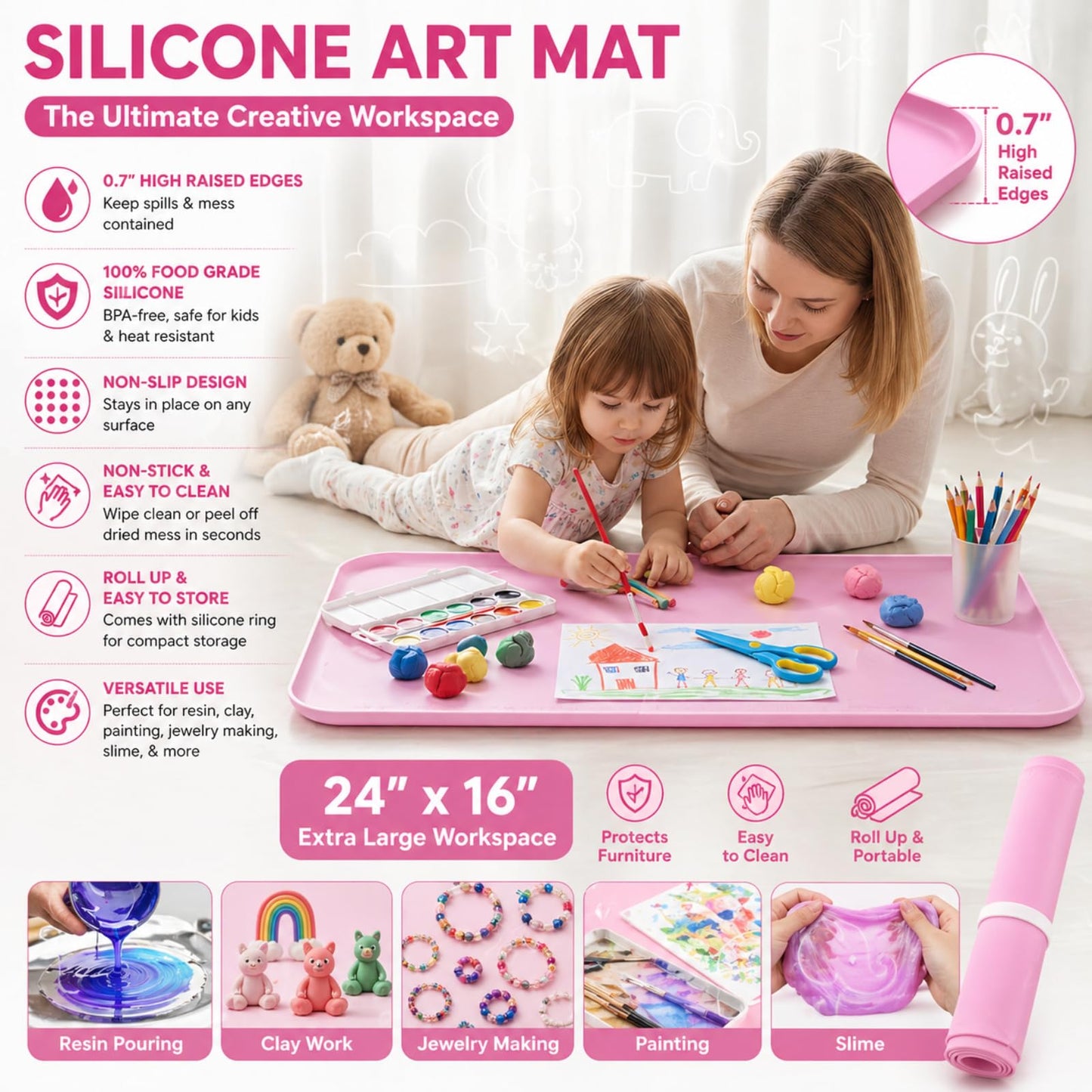 Silicone Mats for Crafts, 24" x 16" Silicone Craft Mat with 0.7" High Raised Edges to Contain Spills, Food Grade Large Painting Mat for Resin, Clay, Slime, Jewelry Making (Pink)