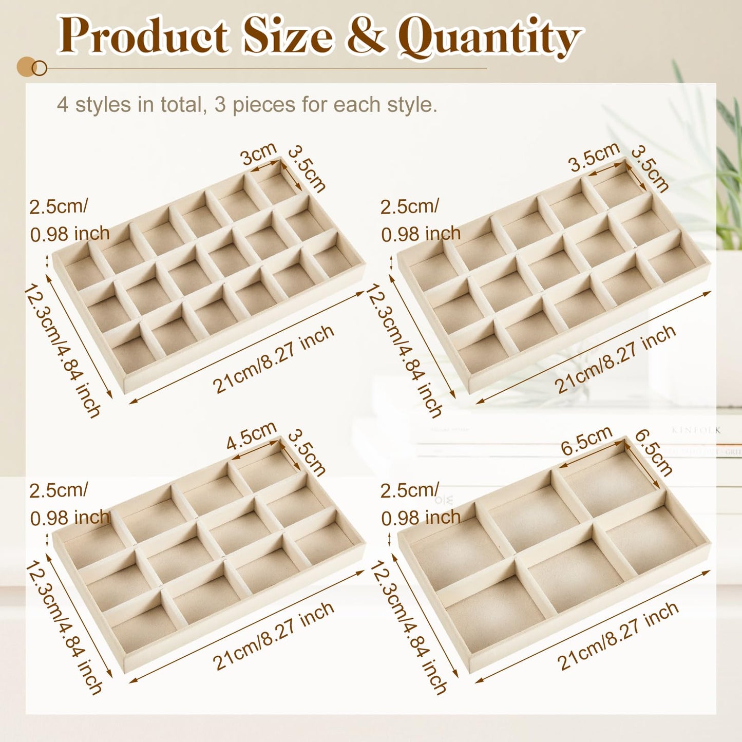 Junkin 12 Pcs Jewelry Tray Velvet Stackable Jewelry Organizer Trays Divided Earring Accessories Storage Containers Box(Beige)