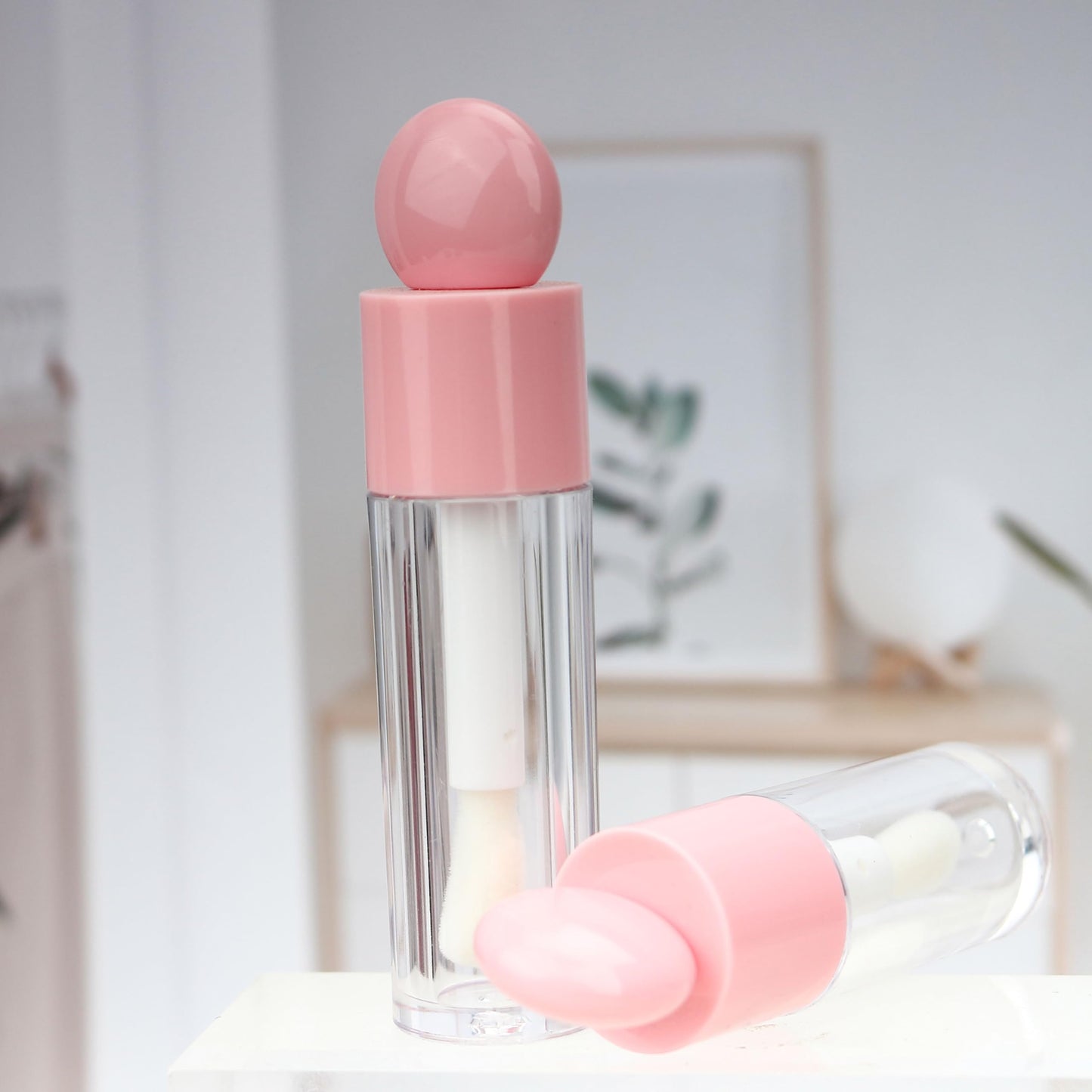 COSIDEA 16pcs 6ml 0.2oz Round Pink Large doe foot wand lip gloss tube for DIY Flat shape lipgloss tubes with thick brush bulk wholesale