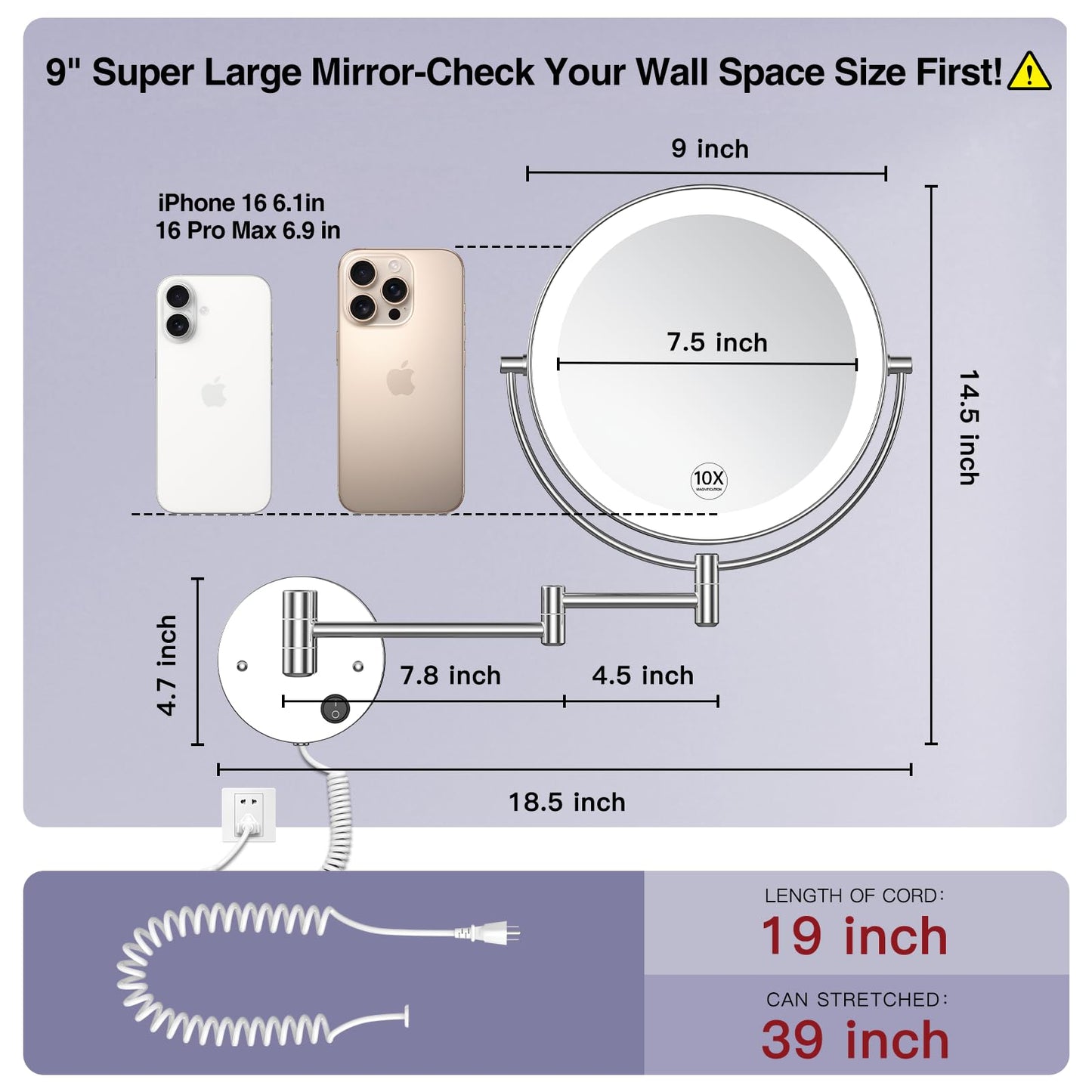 Benbilry 9" Large Size Wall Mounted Lighted Makeup Vanity Mirror, 1X/10X Magnifying 2-Sided AC Plug-in Powered Bathroom Mirror, 360° Swivel 13 Inch Extendable Arm, Chrome