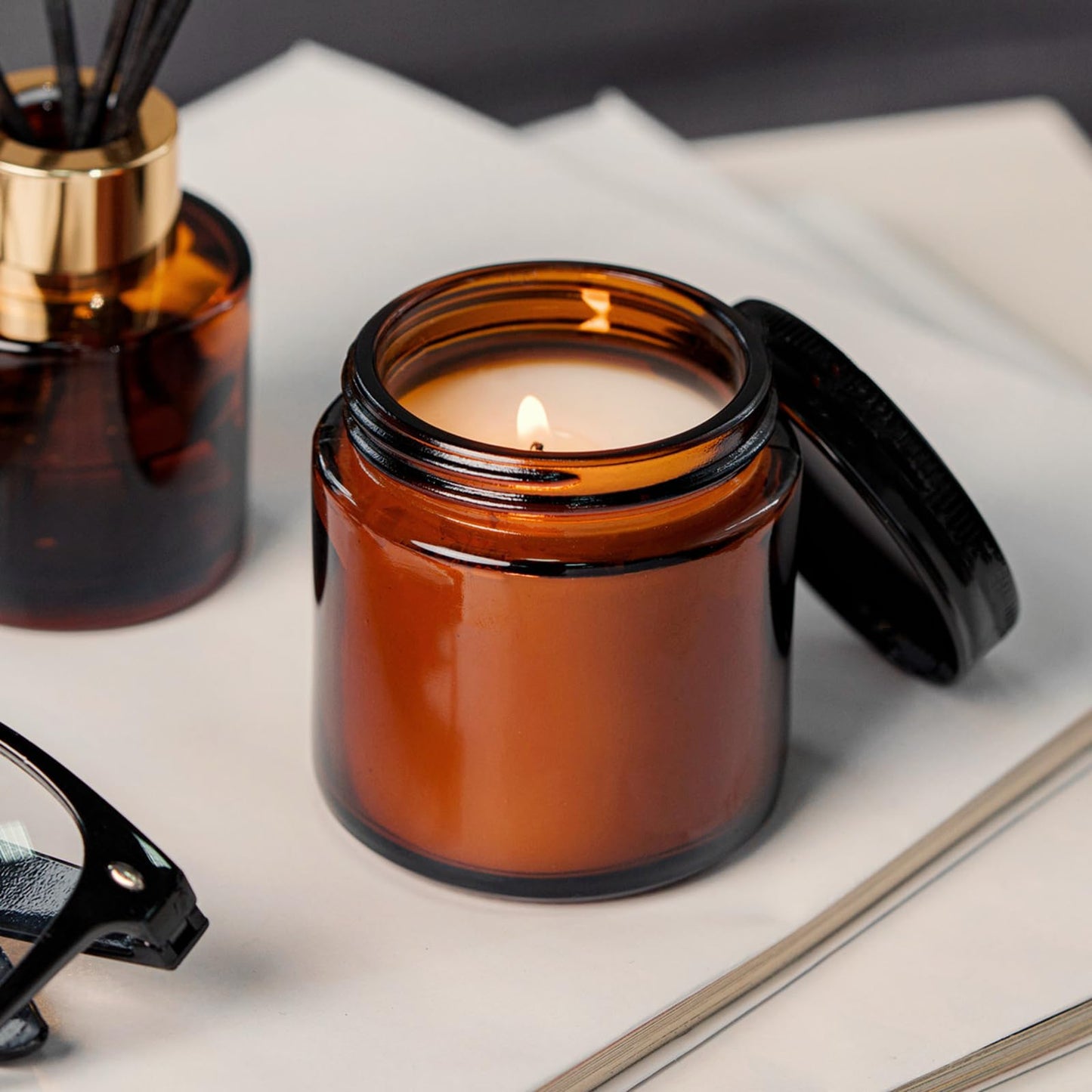 4 Oz Glass Jars with Lids, 12 Pack Thick Amber Glass Jar with Inner Lid and Black Lid, Leakproof Round Airtight Empty Cosmetic Containers for Lotion Cream Body Butter and Candle Making