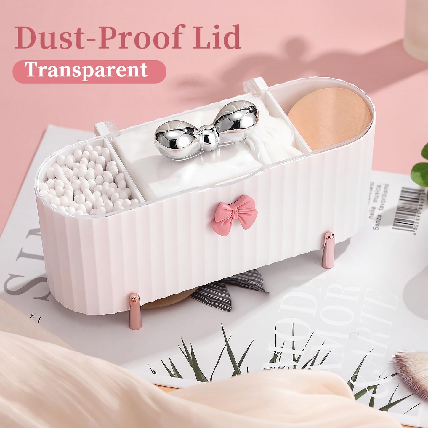 Hushee Coquette Makeup Organizer, 3 Compartment Cotton Pad Holder Dispenser Compatible with Qtip with Bow Cute Ribbed Vanity Storage Box with Clear Lid and Silver Handle for Bathroom Countertop