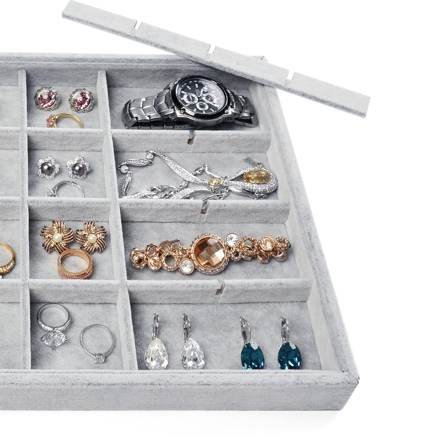 Oirlv 24 Grid Ice Velvet Jewelry Drawer Organizer Tray Stackable Jewelry Trays Removable Dividers for Rings Earring Storage Display