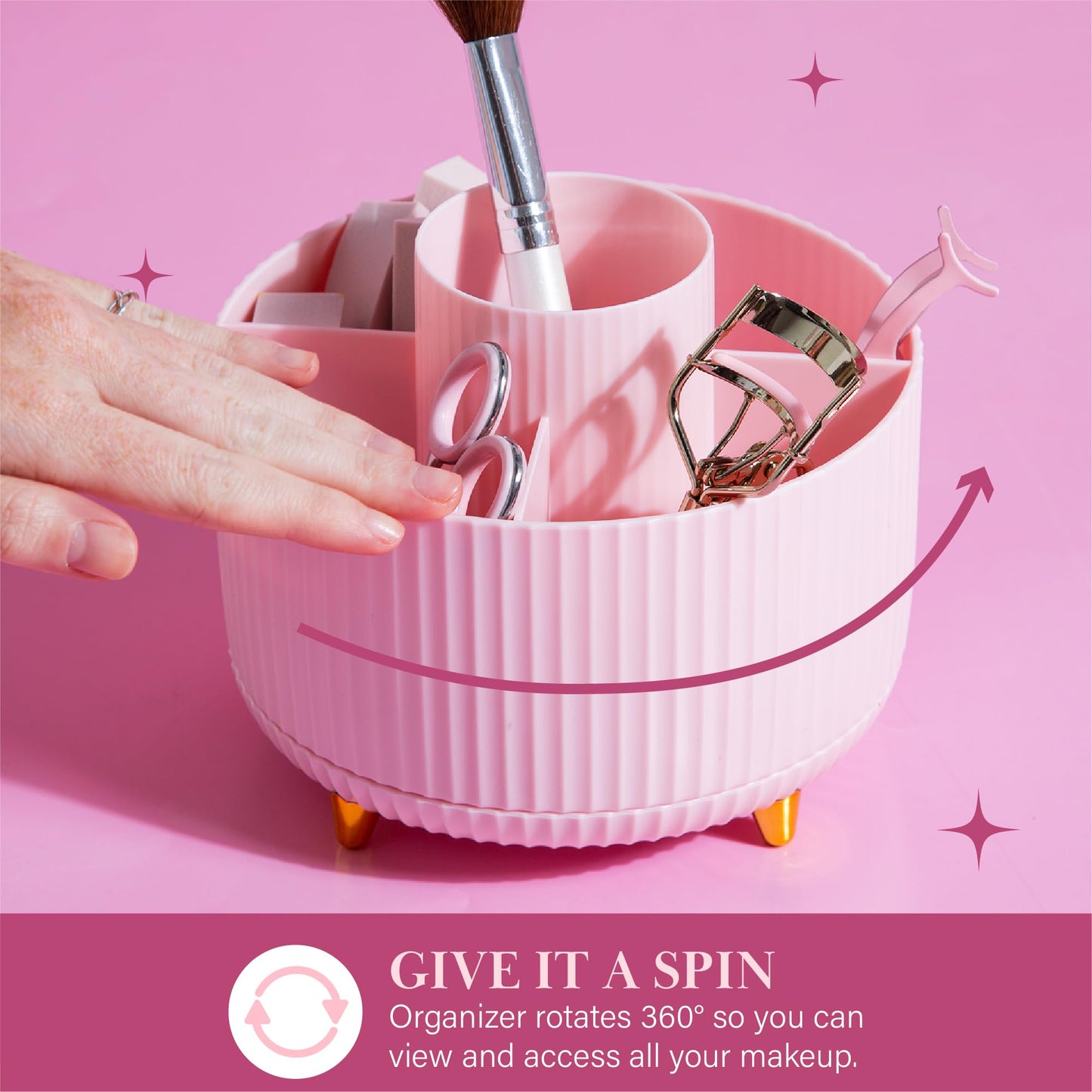 Paris Hilton 360° Rotating Makeup Brush Holder, Fluted Design with 5 Compartments, Glam Organizer for Brushes & Tools, Pink