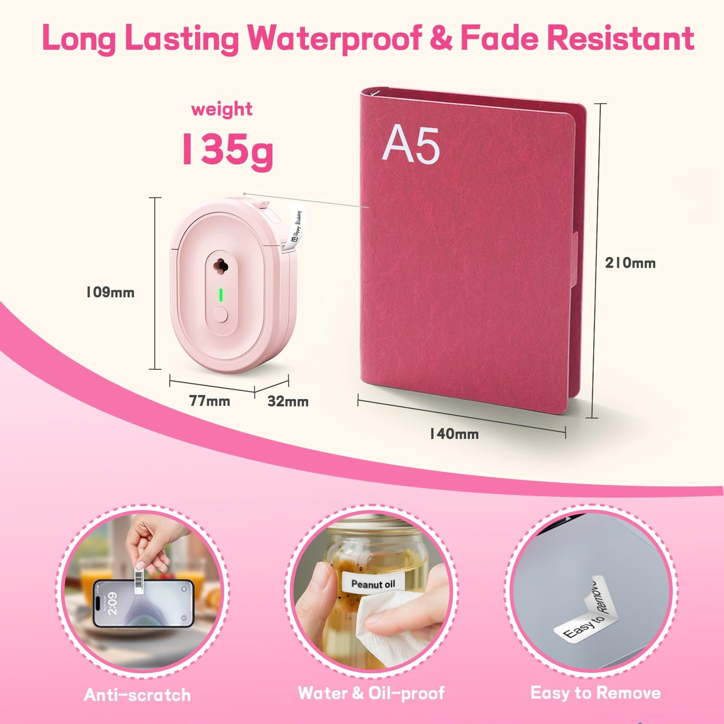 HKHKPI Label Maker Machine with Tape, Small Portable Bluetooth Label Printer, Handheld Mini Labeler for Home, Kitchen, Office, Waterproof Label Makers for Labeling, Gift, Kids School Items, Pink