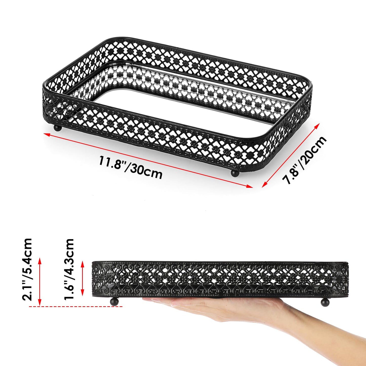 ELLDOO Black Perfume & Makeup Vanity Tray - Hollow-Carved Jewelry Storage, Glass & Metal Trinket Organizer for Dresser & Bathroom Countertop, Medium Size