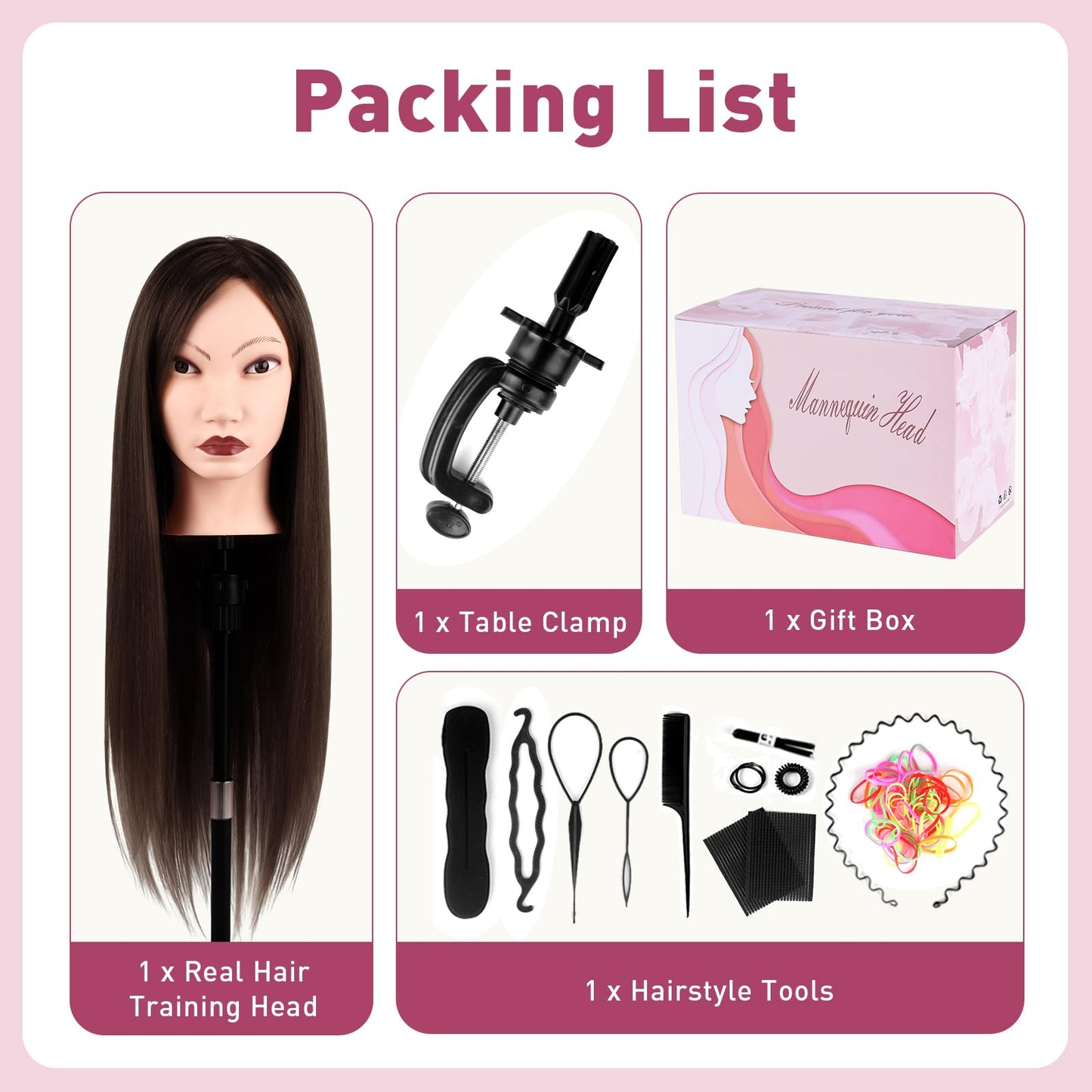 Mannequin Head with 90% Human Real Long Hair, Cenoz 26" Hairdresser Cosmetology Training Head with Stand and Tool, Manikin Training Practice Head, Doll Head for Hair Styling Braiding DIY（Dark Brown）