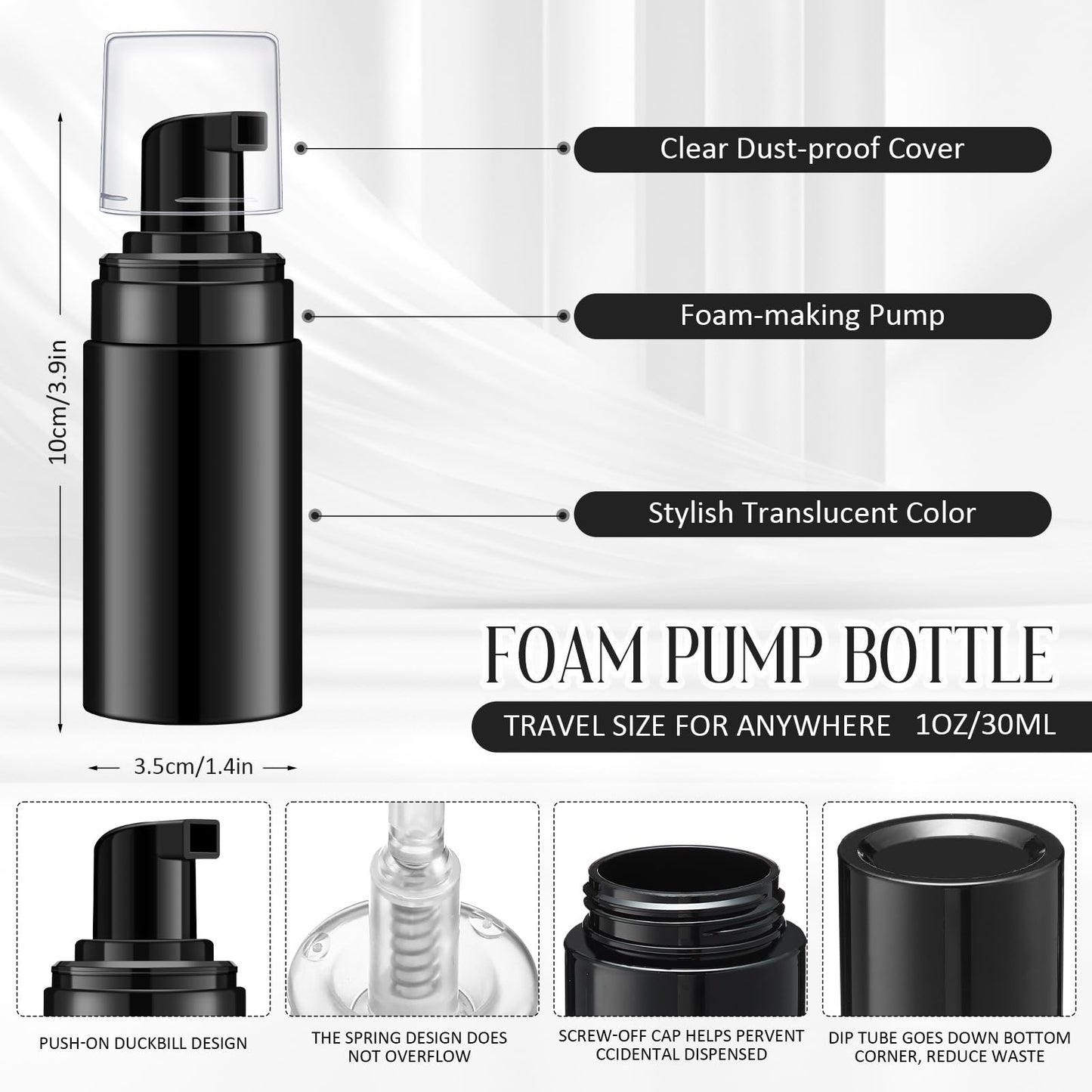 Teenyyou 50 Pcs 1oz/30ml Foam Pump Bottles Mini Empty Travel Foaming Bottles Plastic Refillable Dispenser for Lash Shampoo Hand Soap Cosmetics Portable Travel Pack(Black)