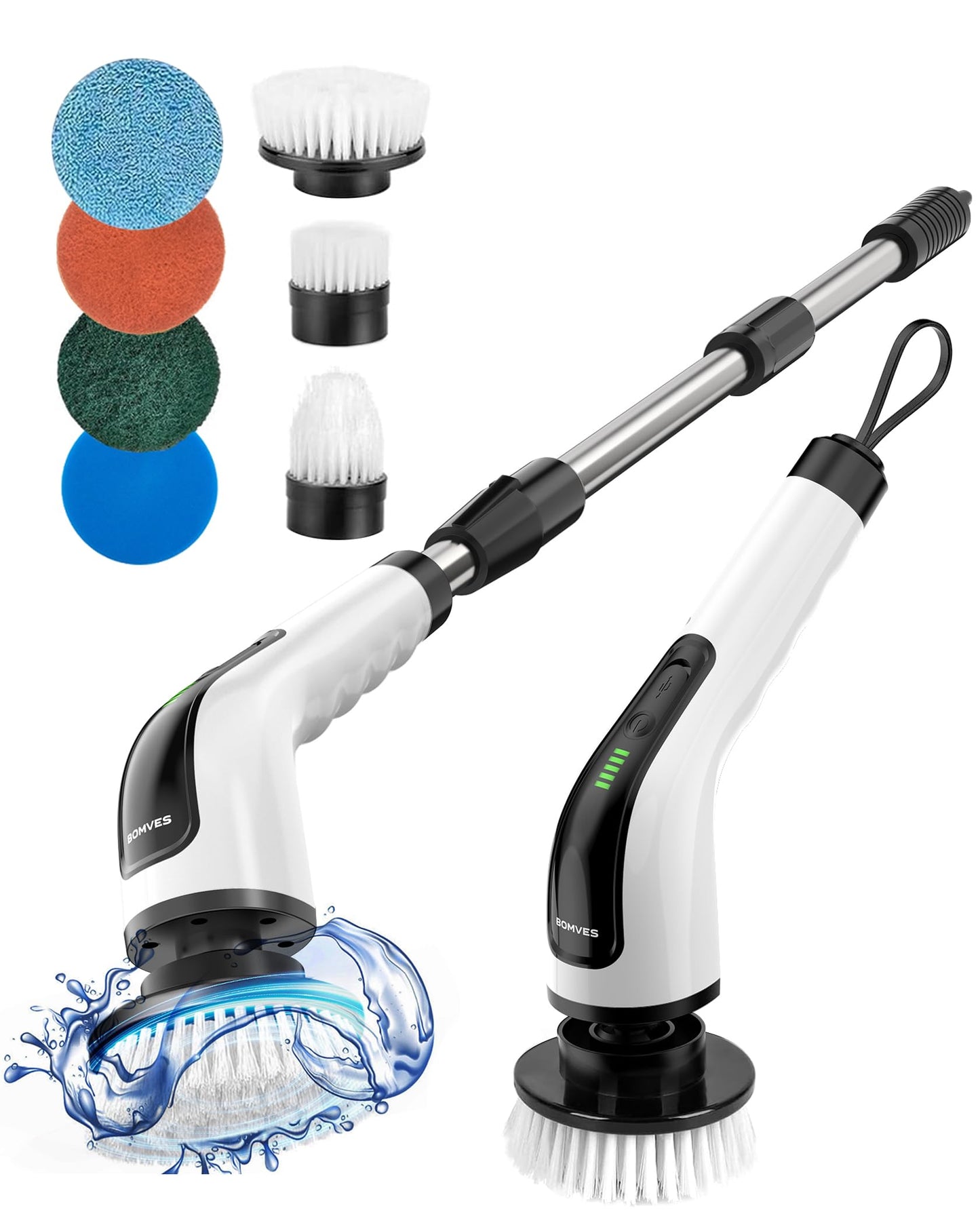 Bomves Electric Spin Scrubber, Cordless Cleaning Brush Scrubber for Home, Multi Replaceable Brush Heads-90Mins Work Time, 3 Adjustable Size, 2 Speeds for Bathroom Shower Bathtub Glass Car