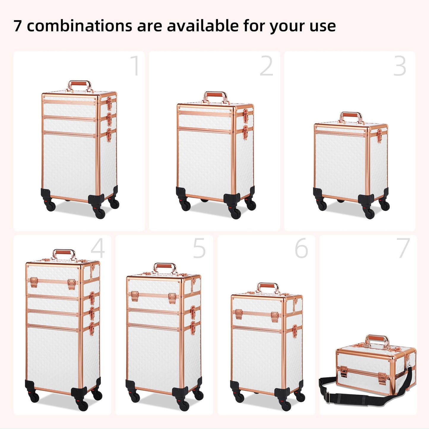 Somduy Rolling Makeup Case, Makeup Train Case with Lid, 5 in 1 Cosmetology Case on Wheels, Christmas Gift, Large Makeup Organizers, Profesional Cosmetic Case for Salon Barber, White Gold